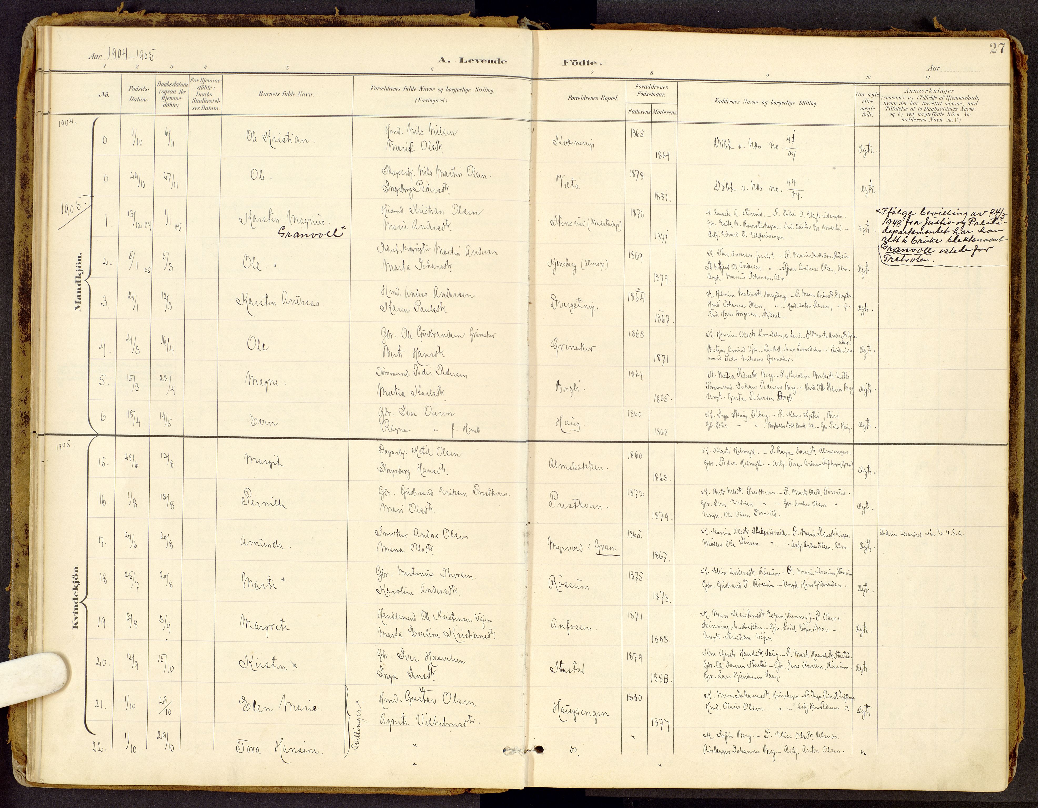 Brandbu prestekontor, SAH/PREST-114/H/Ha/Haa/L0002: Parish register (official) no. 2, 1899-1914, p. 27