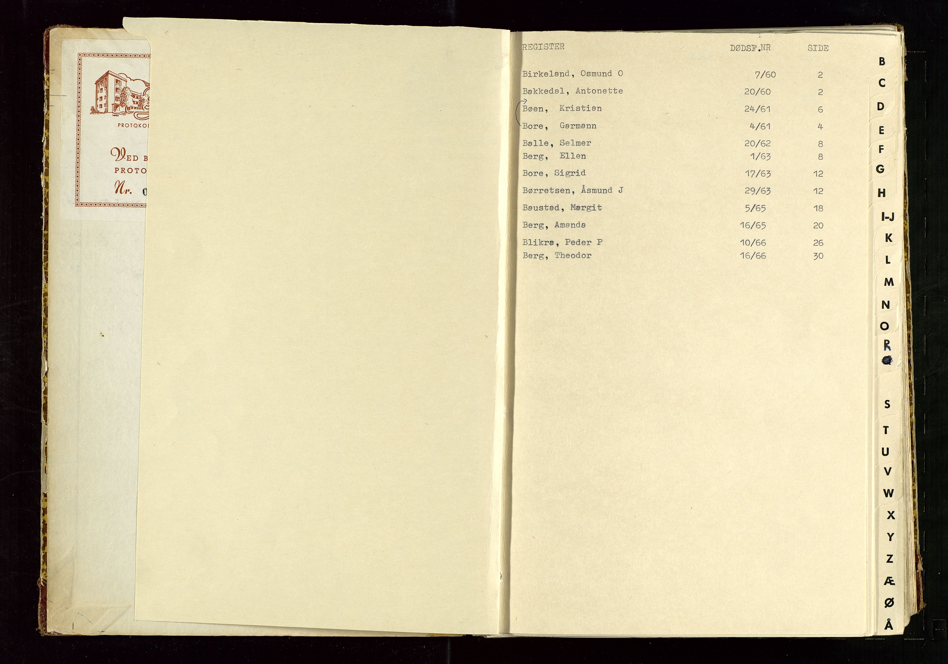 Vindafjord lensmannskontor, AV/SAST-A-100207/Gg/L0001: "Dødsfallprotokoll.  Registreringsprotokoll"., 1960-1968