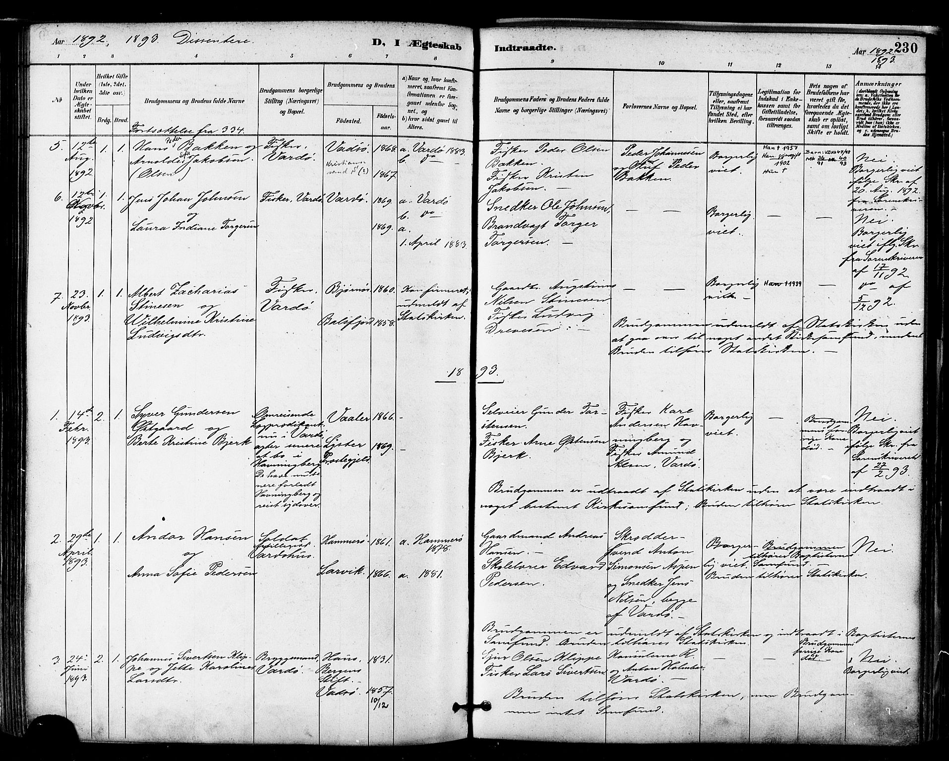 Vardø sokneprestkontor, SATØ/S-1332/H/Ha/L0007kirke: Parish register (official) no. 7, 1886-1897, p. 230