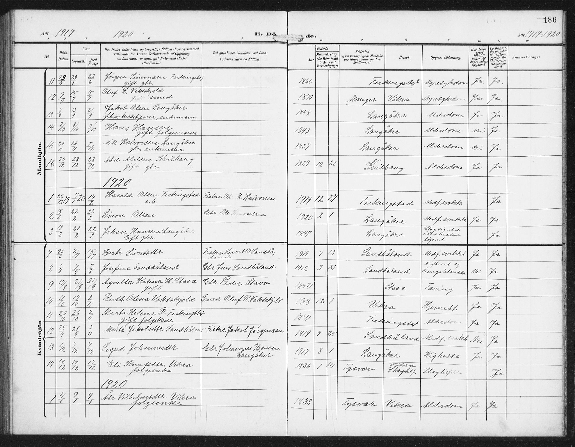 Skudenes sokneprestkontor, SAST/A -101849/H/Ha/Hab/L0011: Parish register (copy) no. B 11, 1909-1943, p. 186