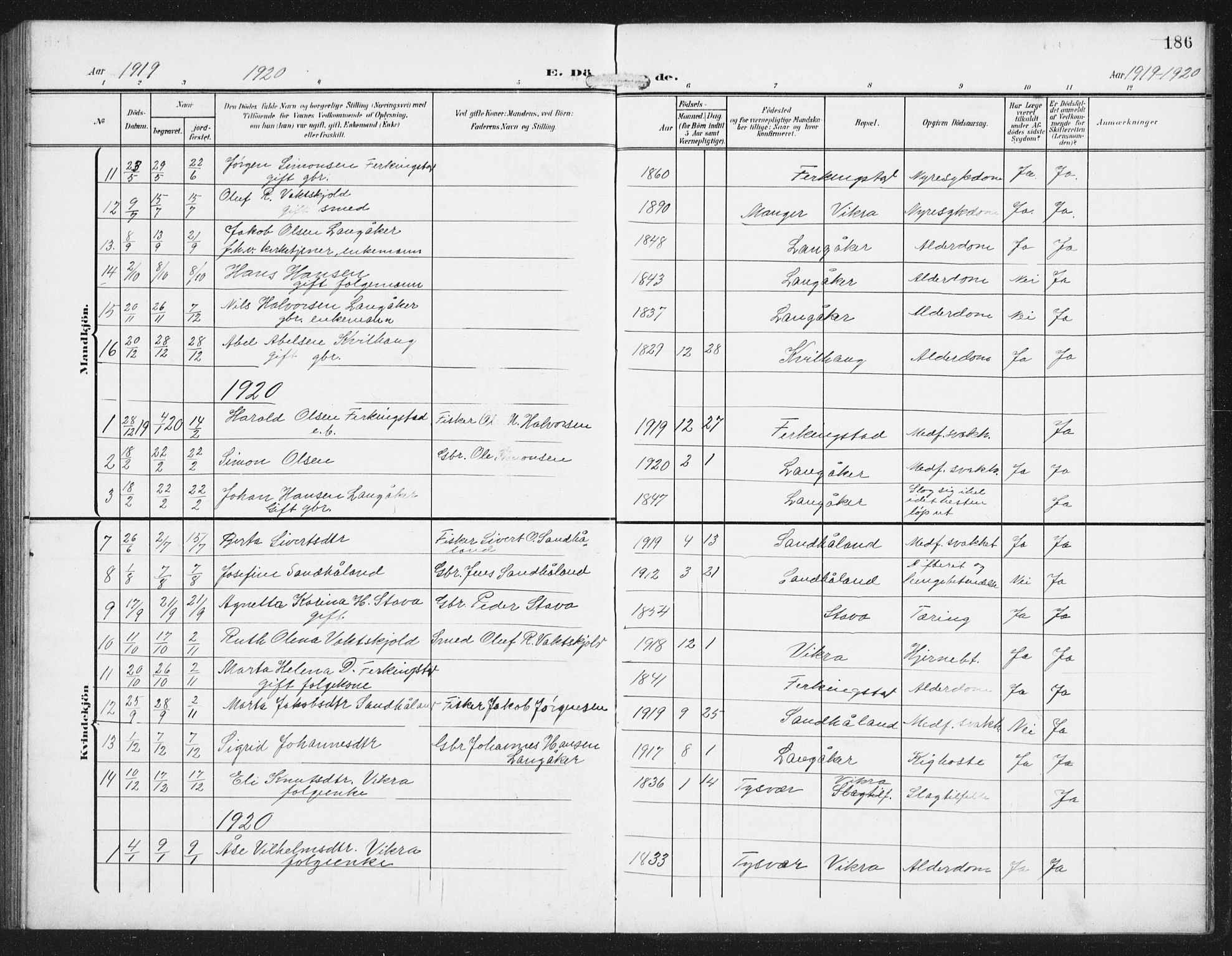 Skudenes sokneprestkontor, AV/SAST-A -101849/H/Ha/Hab/L0011: Parish register (copy) no. B 11, 1909-1943, p. 186