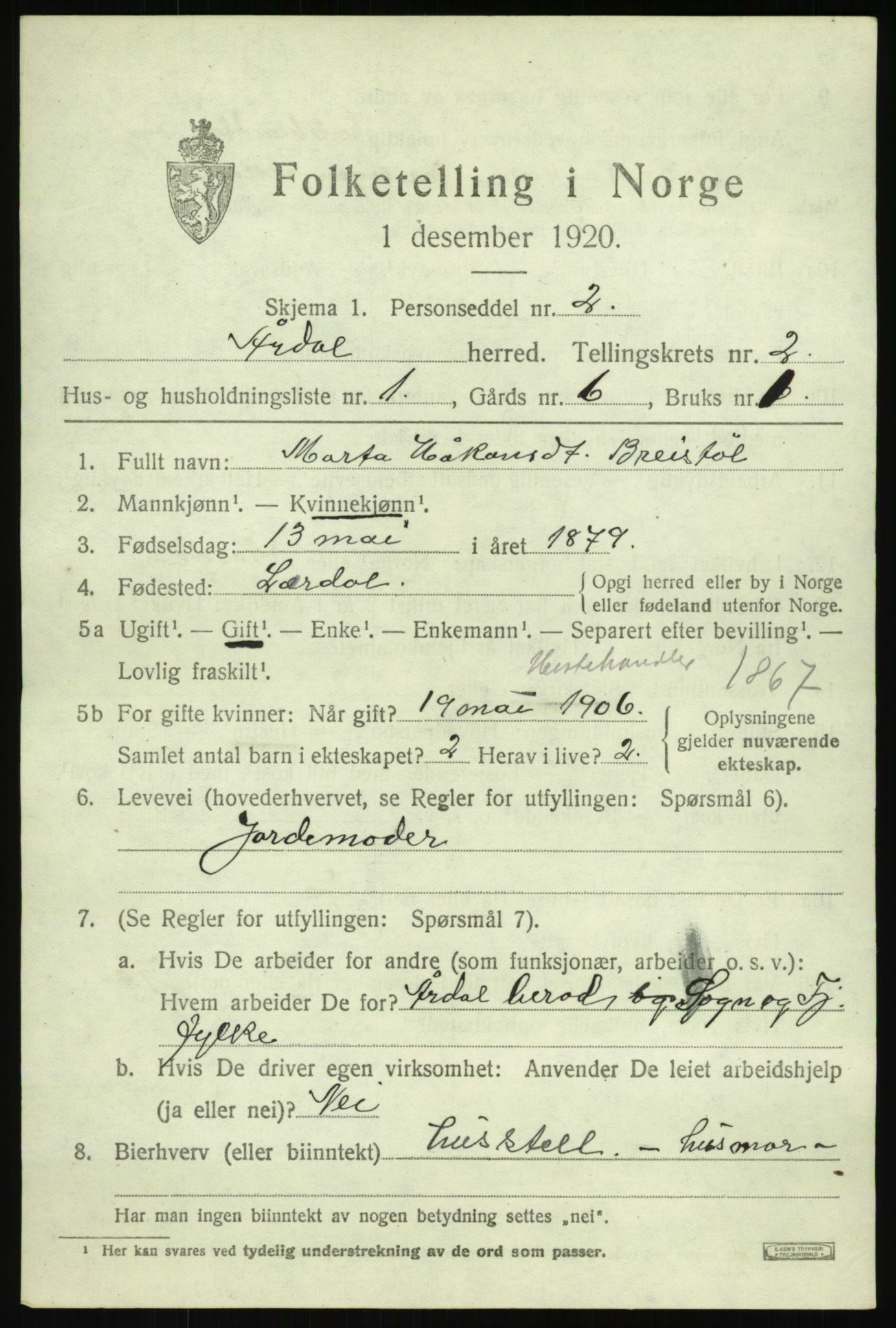 SAB, 1920 census for Årdal, 1920, p. 867