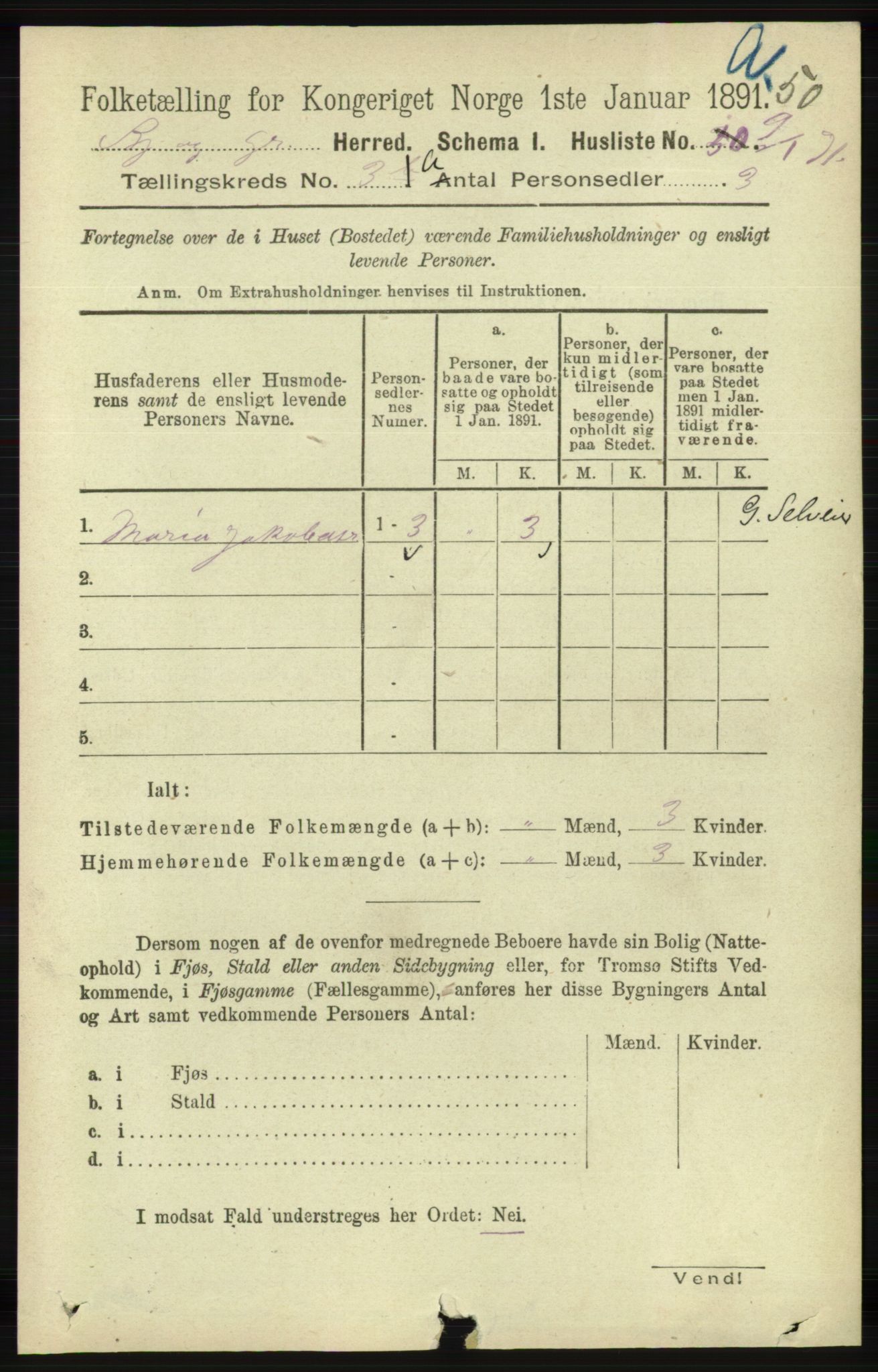 RA, 1891 census for 1024 Bjelland og Grindheim, 1891, p. 1456