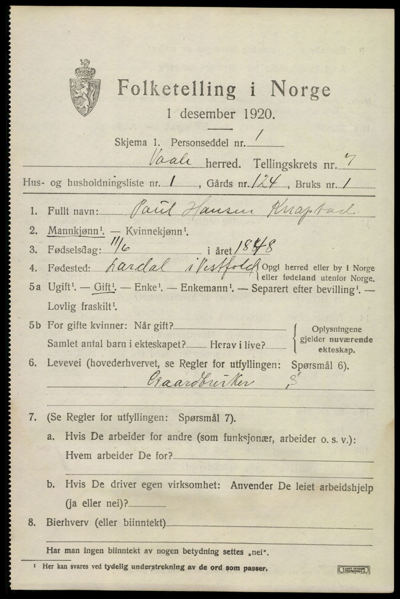 SAKO, 1920 census for Våle, 1920, p. 5500