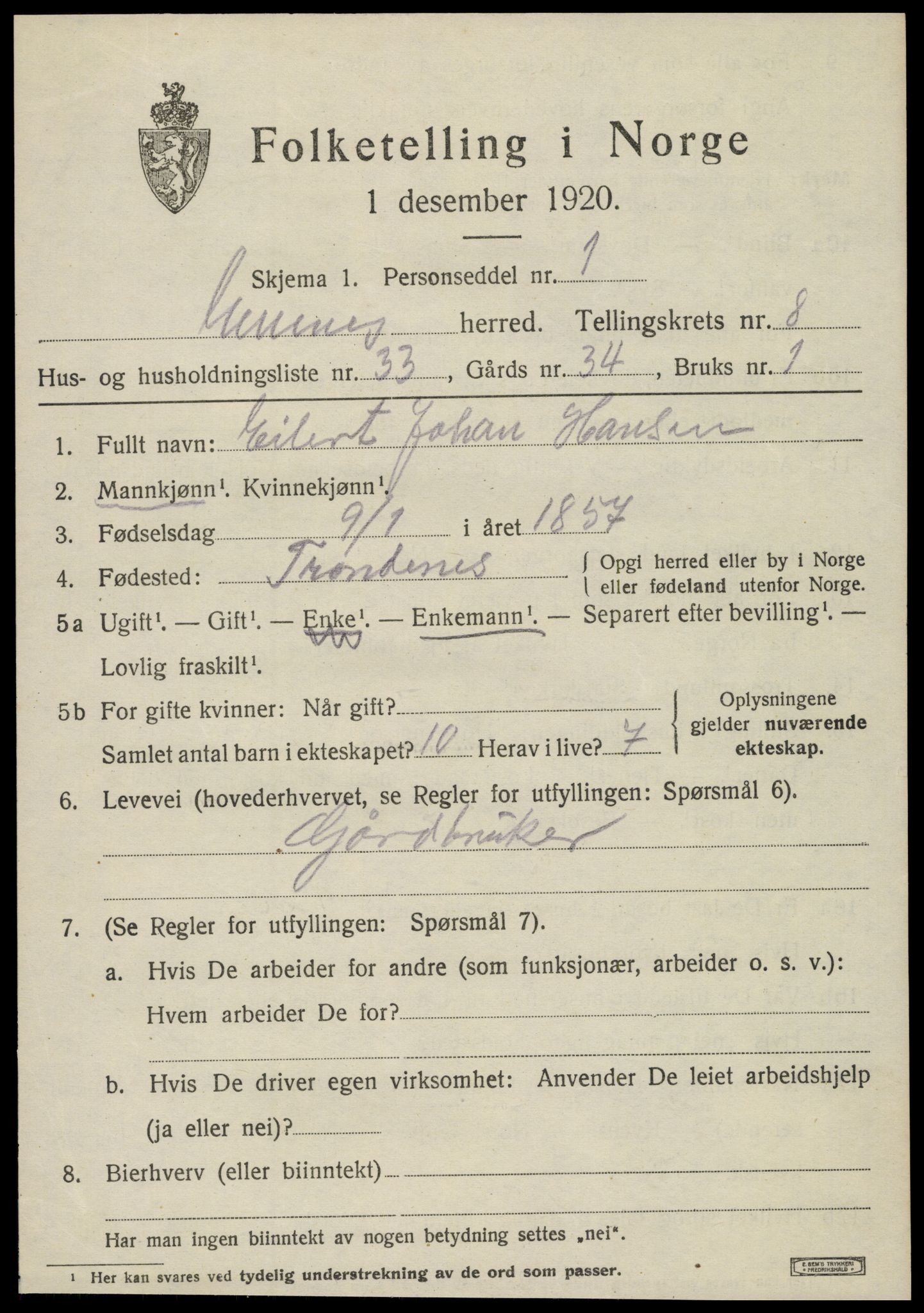SAT, 1920 census for Evenes, 1920, p. 6870