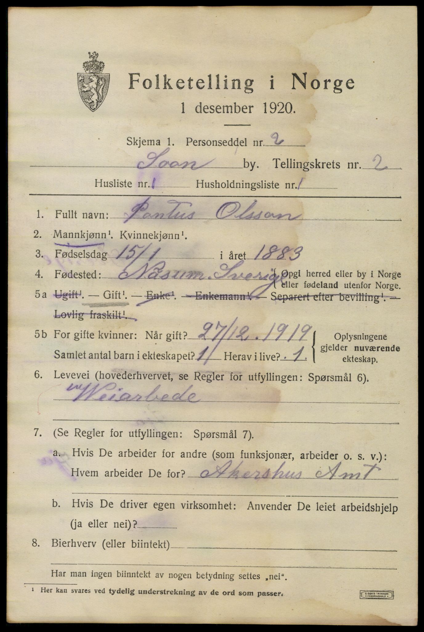 SAO, 1920 census for Son, 1920, p. 1126