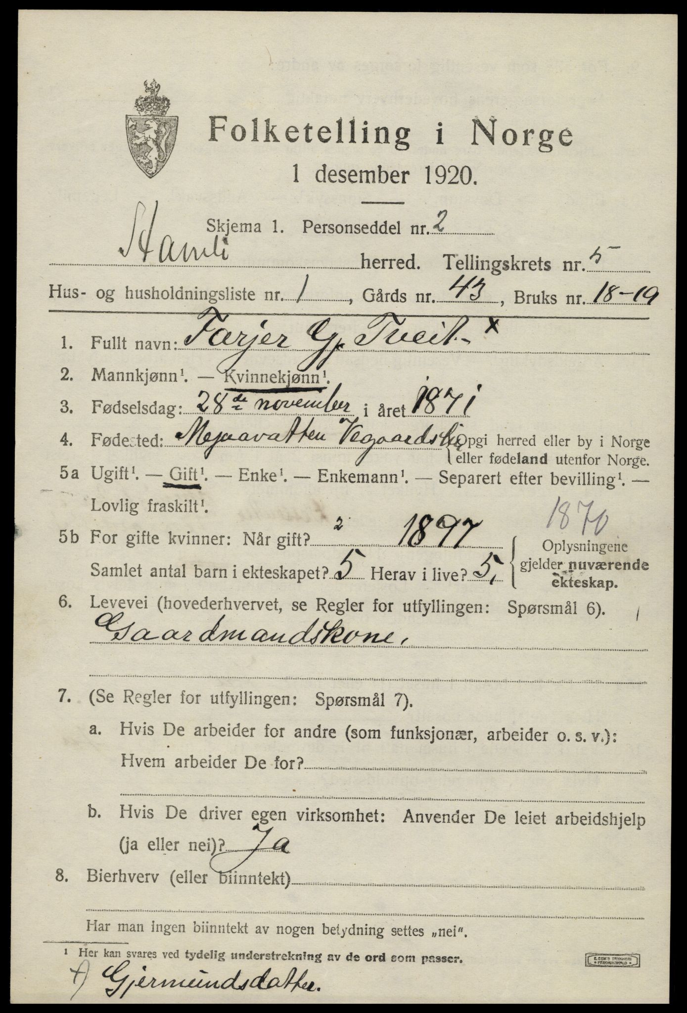 SAK, 1920 census for Åmli, 1920, p. 2261