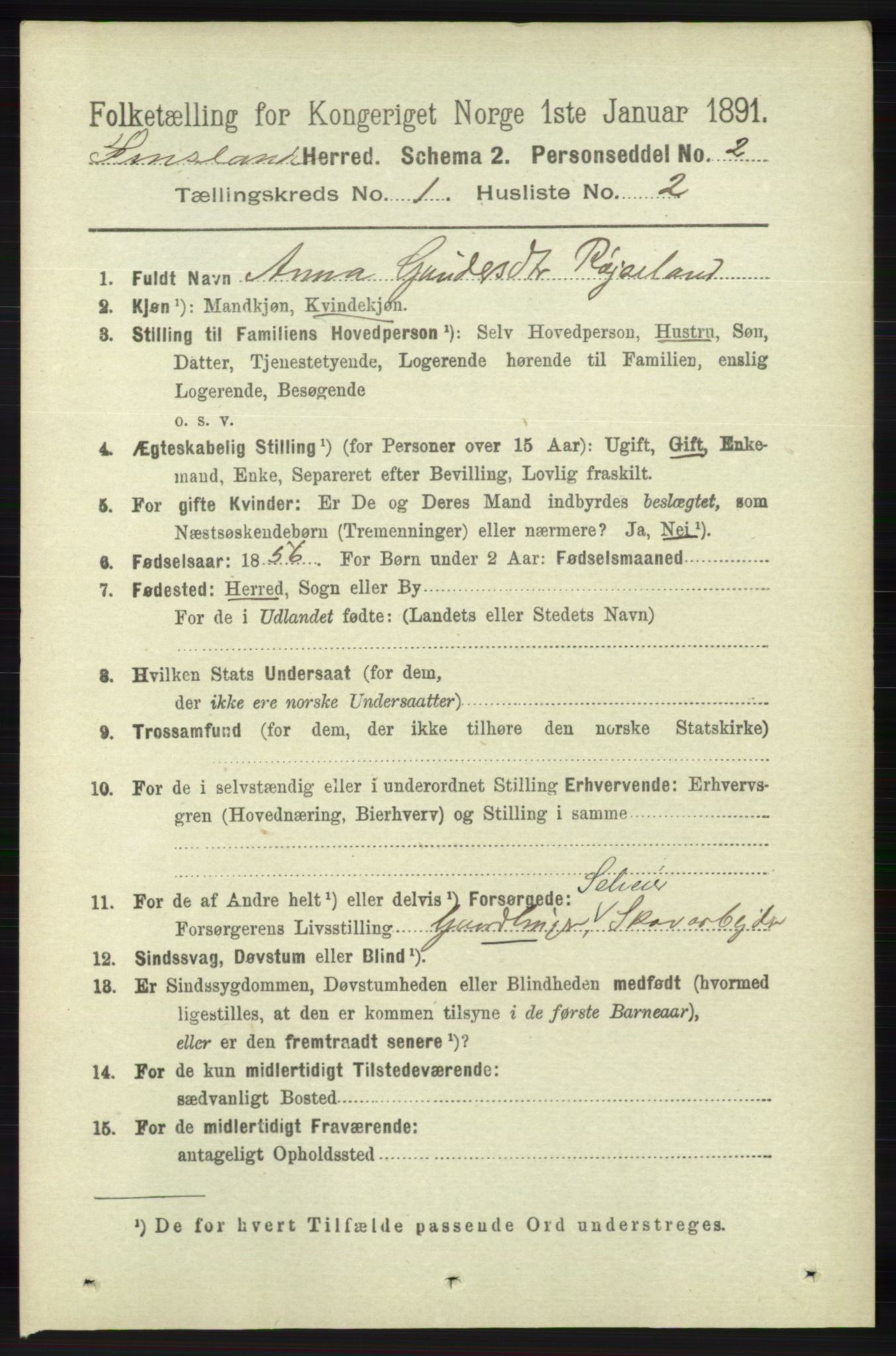 RA, 1891 census for 1023 Finsland, 1891, p. 78