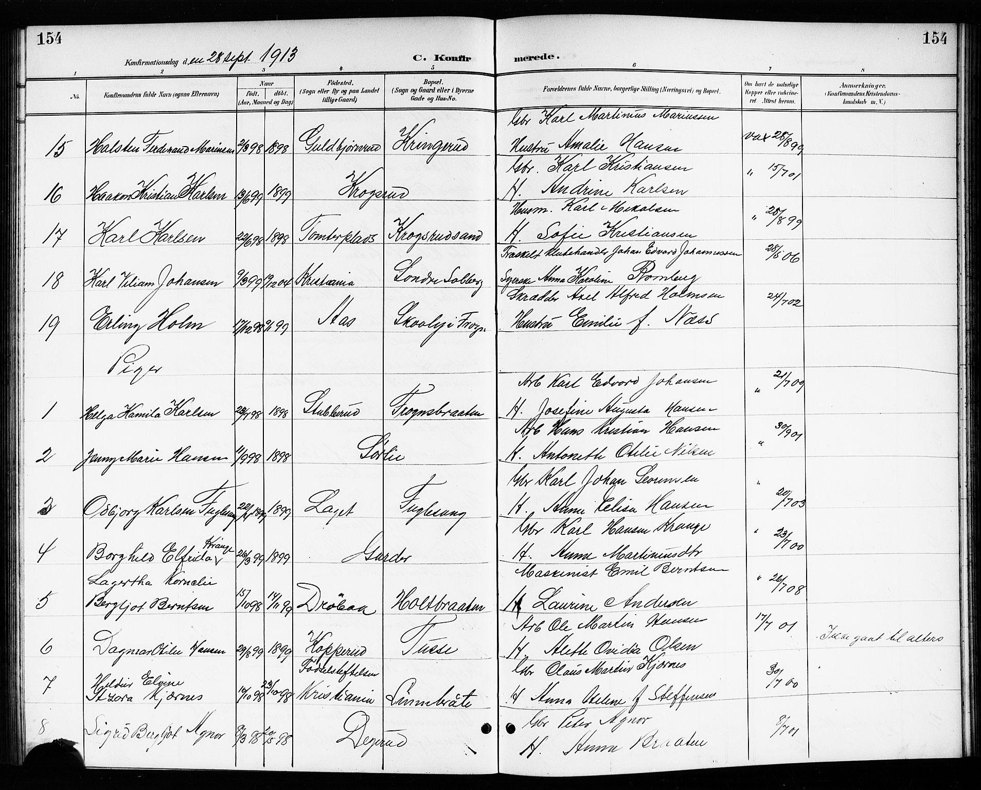 Drøbak prestekontor Kirkebøker, AV/SAO-A-10142a/G/Gb/L0001: Parish register (copy) no. II 1, 1901-1919, p. 154