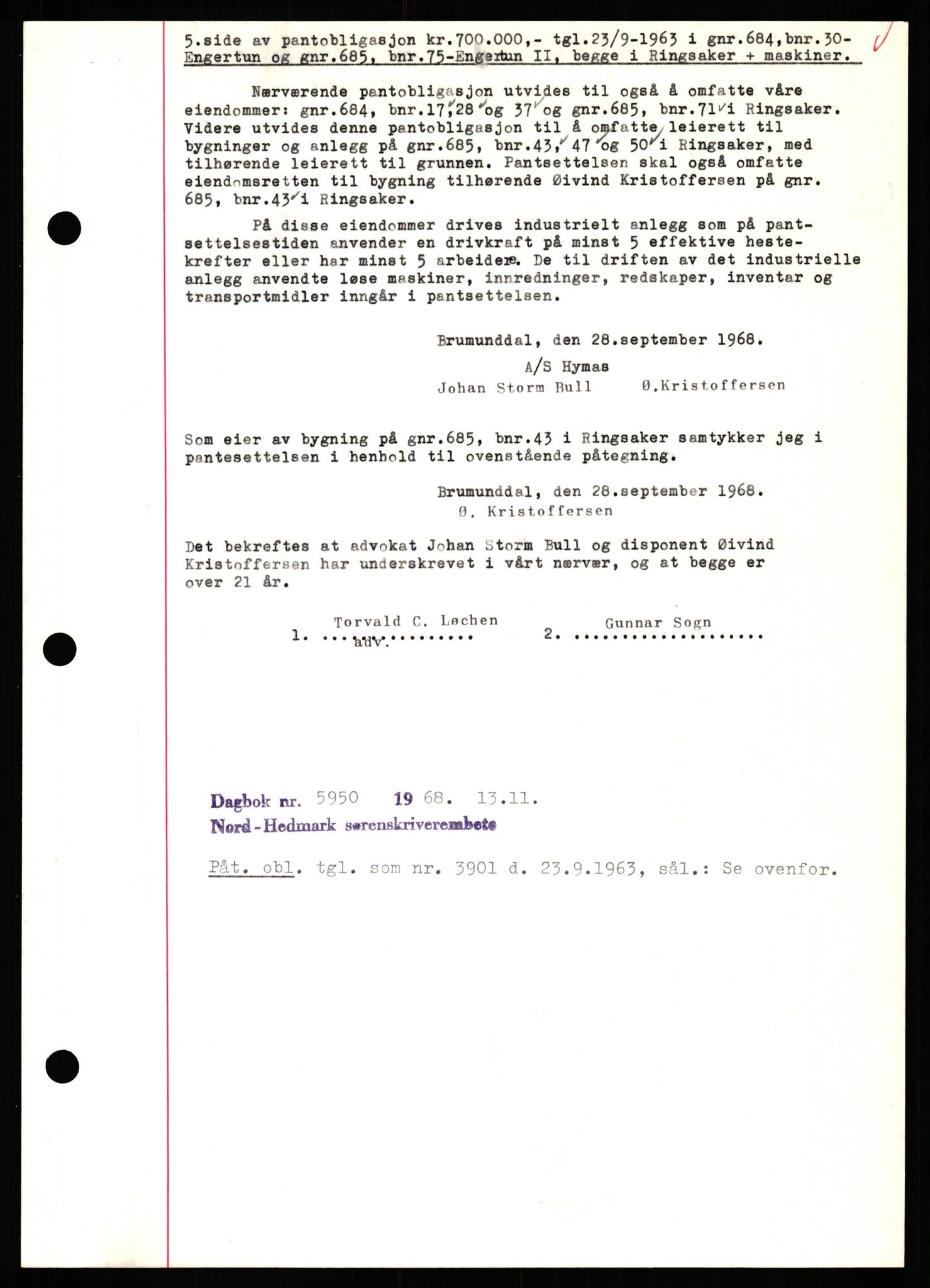 Nord-Hedmark sorenskriveri, SAH/TING-012/H/Hb/Hbf/L0077: Mortgage book no. B77, 1968-1969, Diary no: : 5950/1968