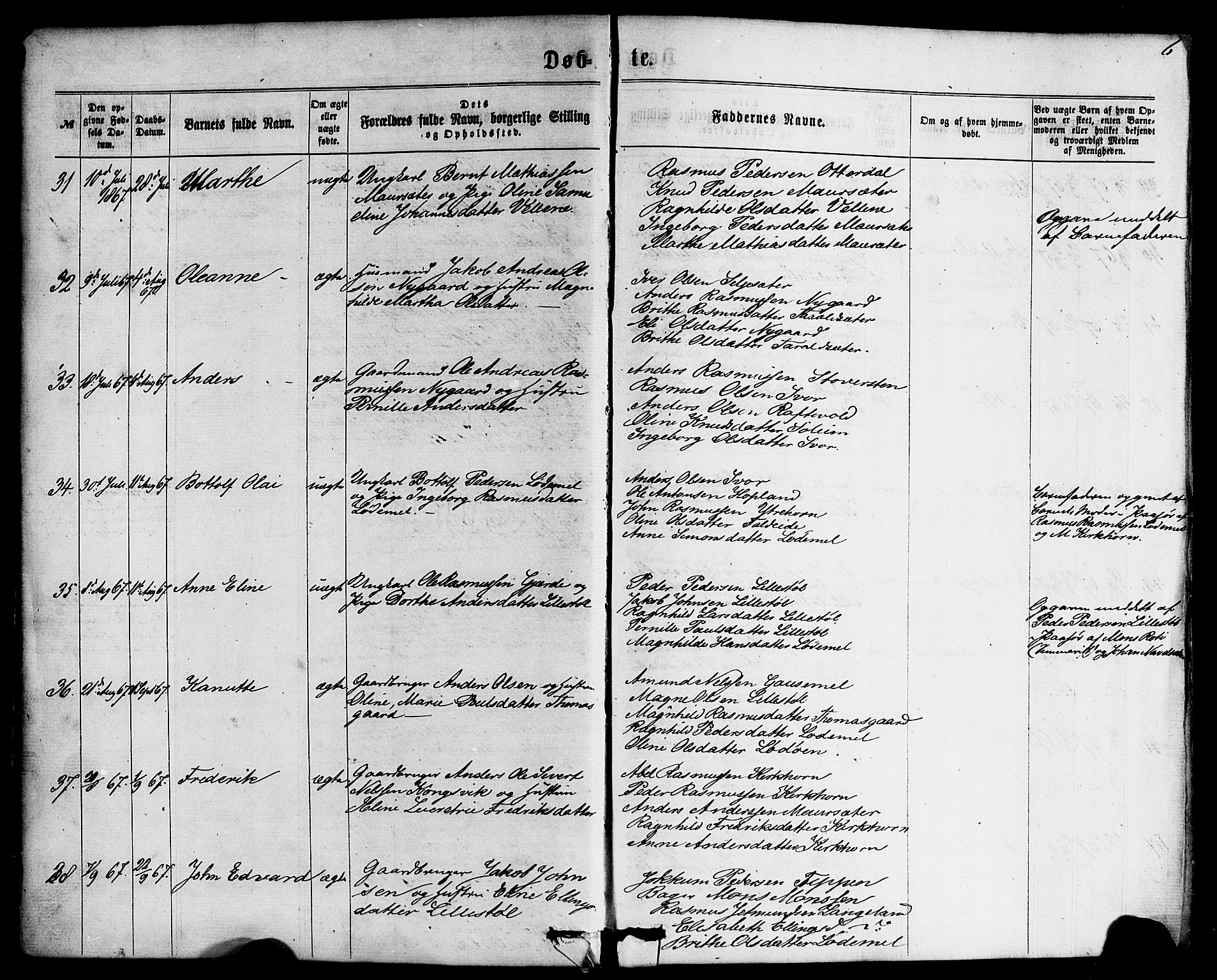 Hornindal sokneprestembete, AV/SAB-A-82401/H/Haa/Haaa/L0002: Parish register (official) no. A 2, 1867-1884, p. 6