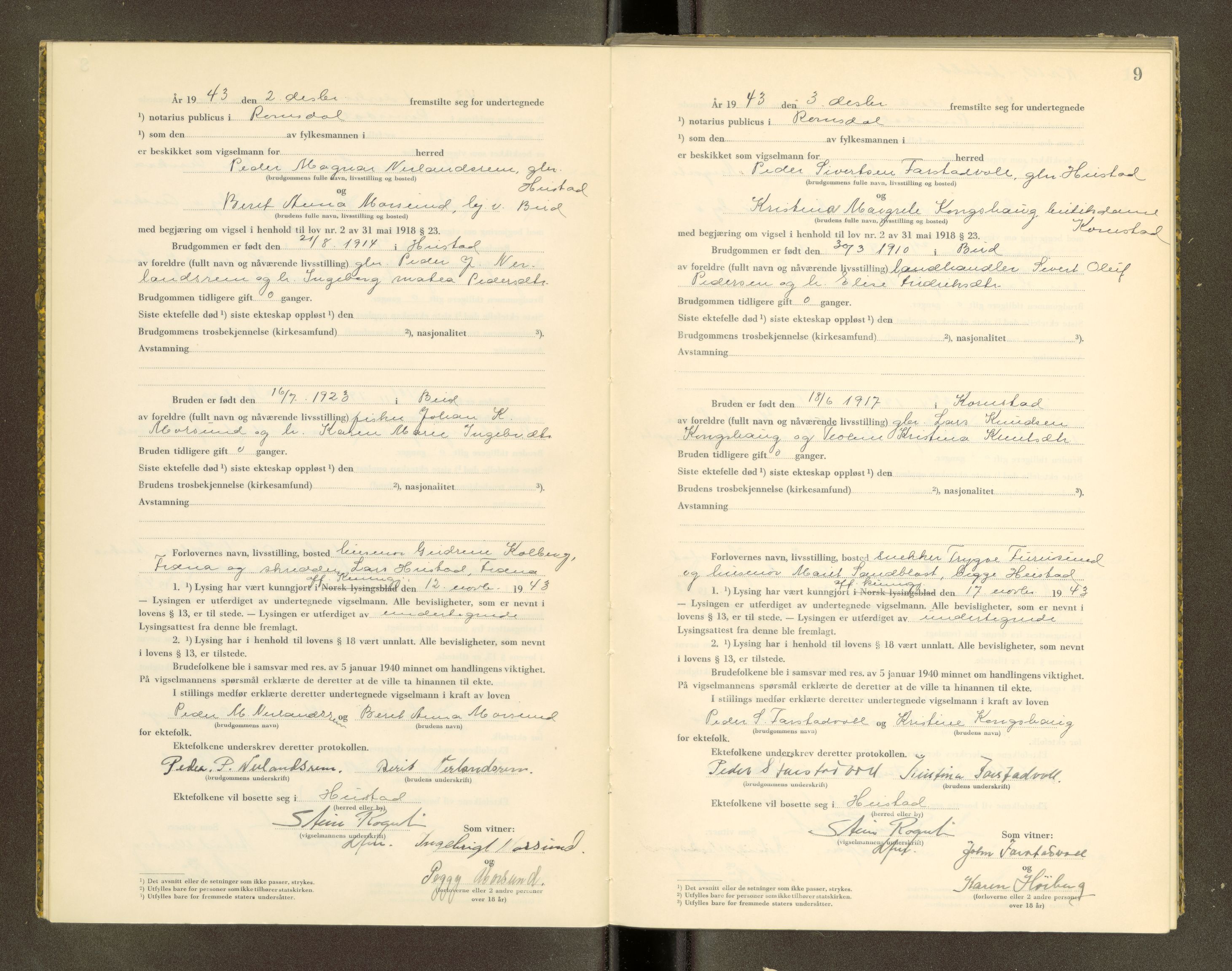 Romsdal sorenskriveri, AV/SAT-A-4149/1/6/6D/L0007: Vigselbok, 1943-1944, p. 9