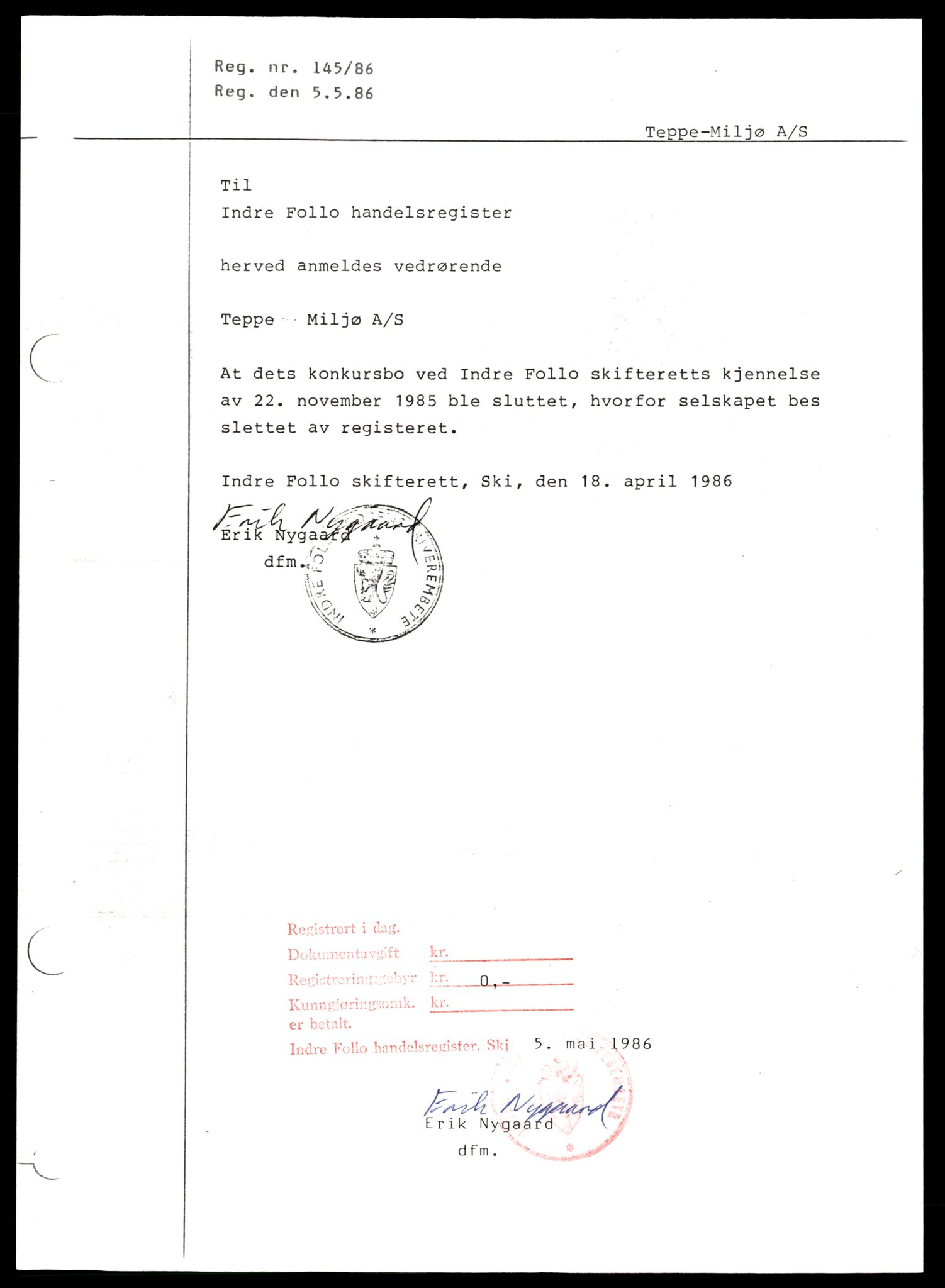 Indre Follo tingrett, SAT/A-10086/K/Kb/Kba/L0025: Aksjeselskap, Tep - U, 1944-1990, p. 1