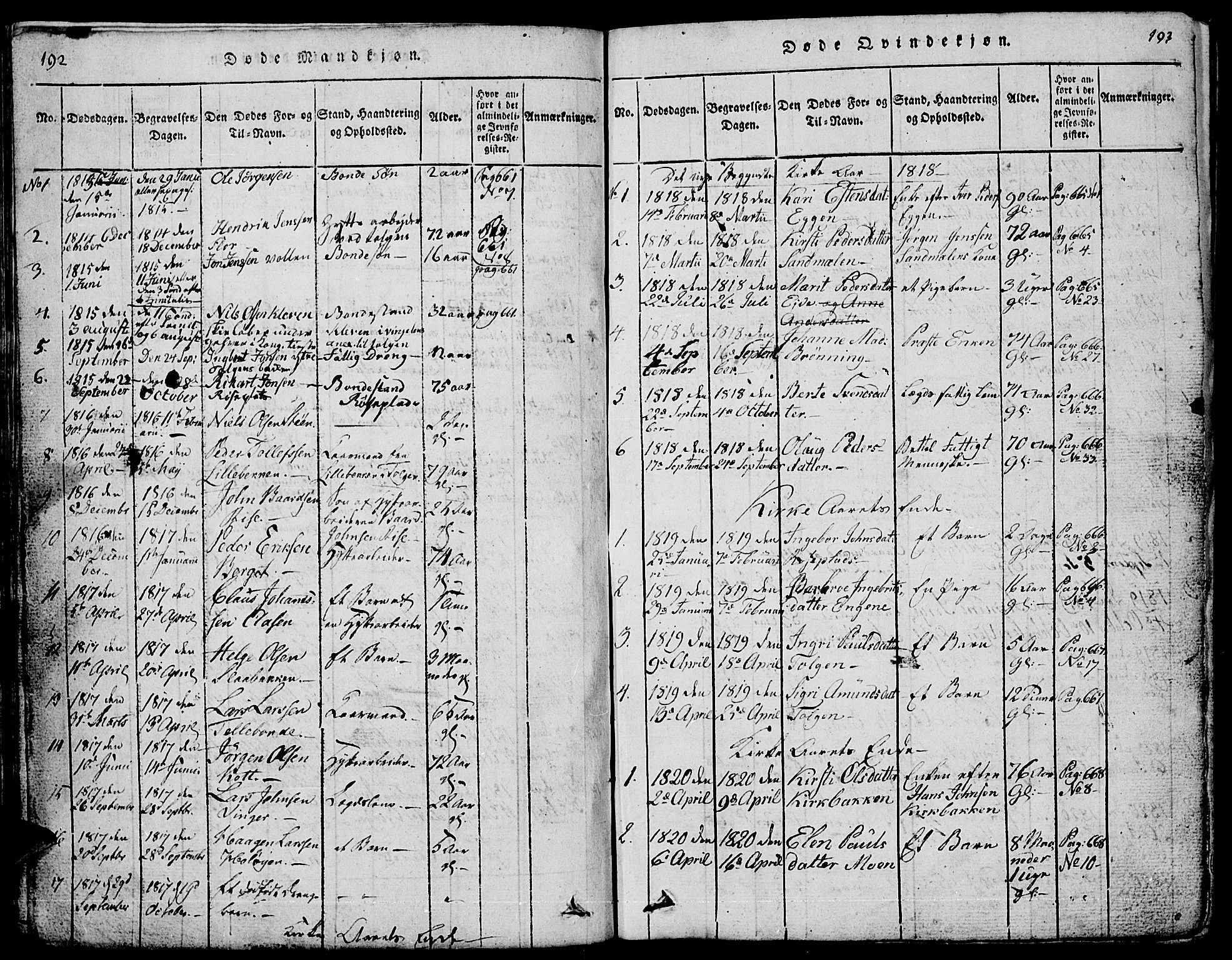 Tolga prestekontor, AV/SAH-PREST-062/L/L0001: Parish register (copy) no. 1, 1814-1877, p. 192-193