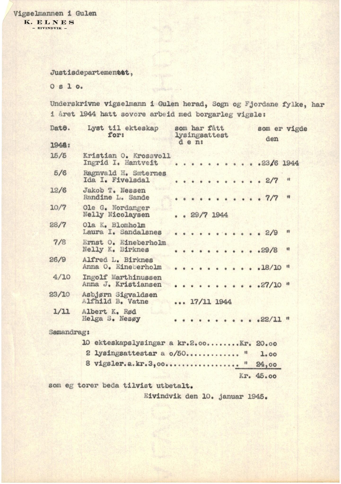 Ytre Sogn tingrett, AV/SAB-A-2601/1/M/Ma/L0003: Vigselsbok, 1943-1945