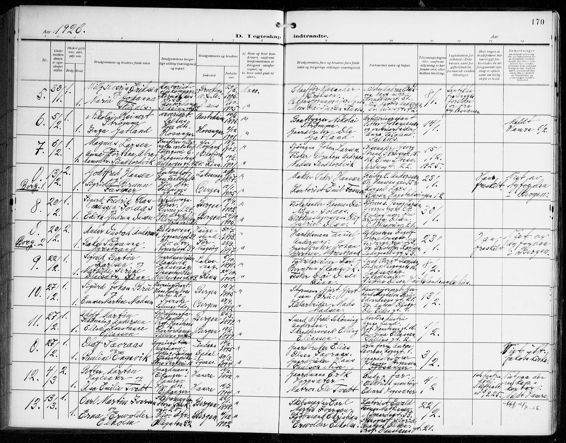Johanneskirken sokneprestembete, SAB/A-76001/H/Haa/L0013: Parish register (official) no. D 2, 1912-1929, p. 170