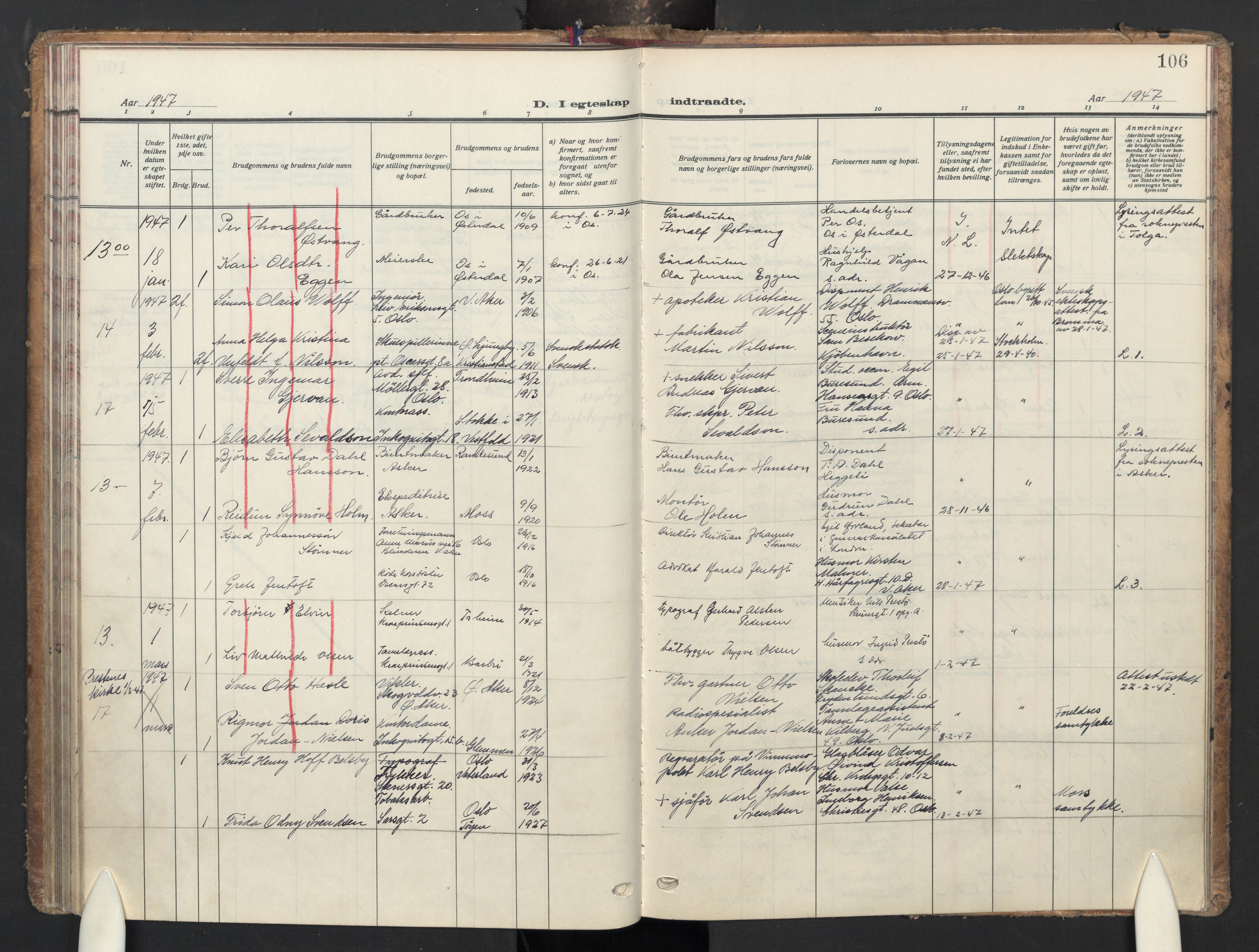 Oslo domkirke Kirkebøker, AV/SAO-A-10752/G/Ga/L0007: Parish register (copy) no. 7, 1937-1951, p. 106