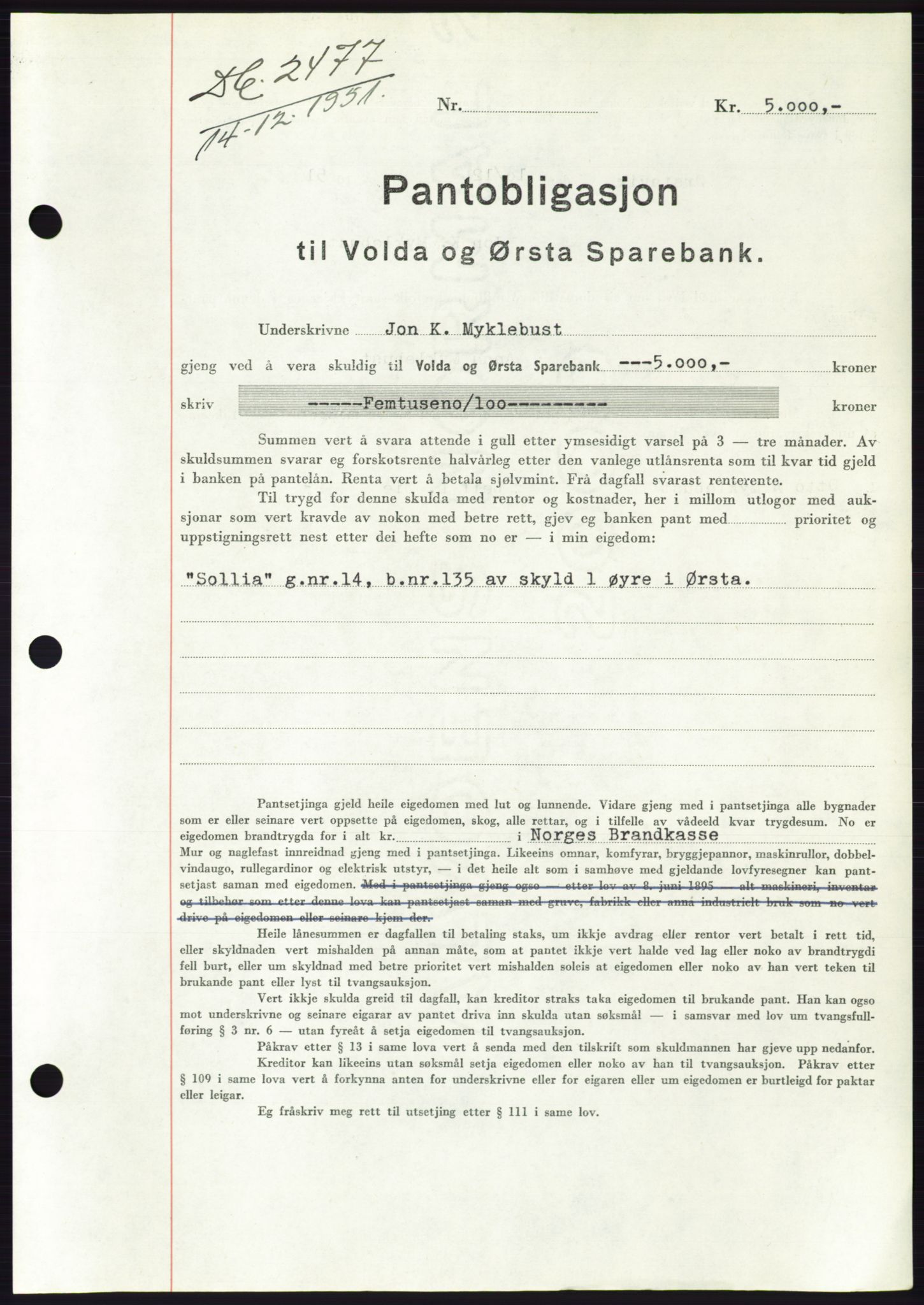 Søre Sunnmøre sorenskriveri, AV/SAT-A-4122/1/2/2C/L0121: Mortgage book no. 9B, 1951-1952, Diary no: : 2477/1951