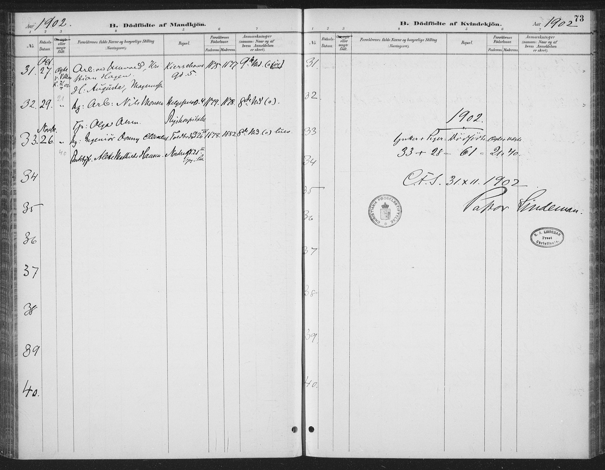 Rikshospitalet prestekontor Kirkebøker, SAO/A-10309b/F/L0010: Parish register (official) no. 10, 1888-1912, p. 73
