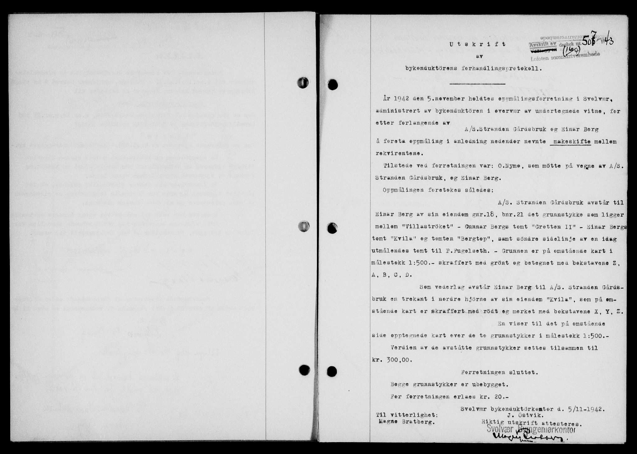 Lofoten sorenskriveri, SAT/A-0017/1/2/2C/L0011a: Mortgage book no. 11a, 1943-1943, Diary no: : 507/1943