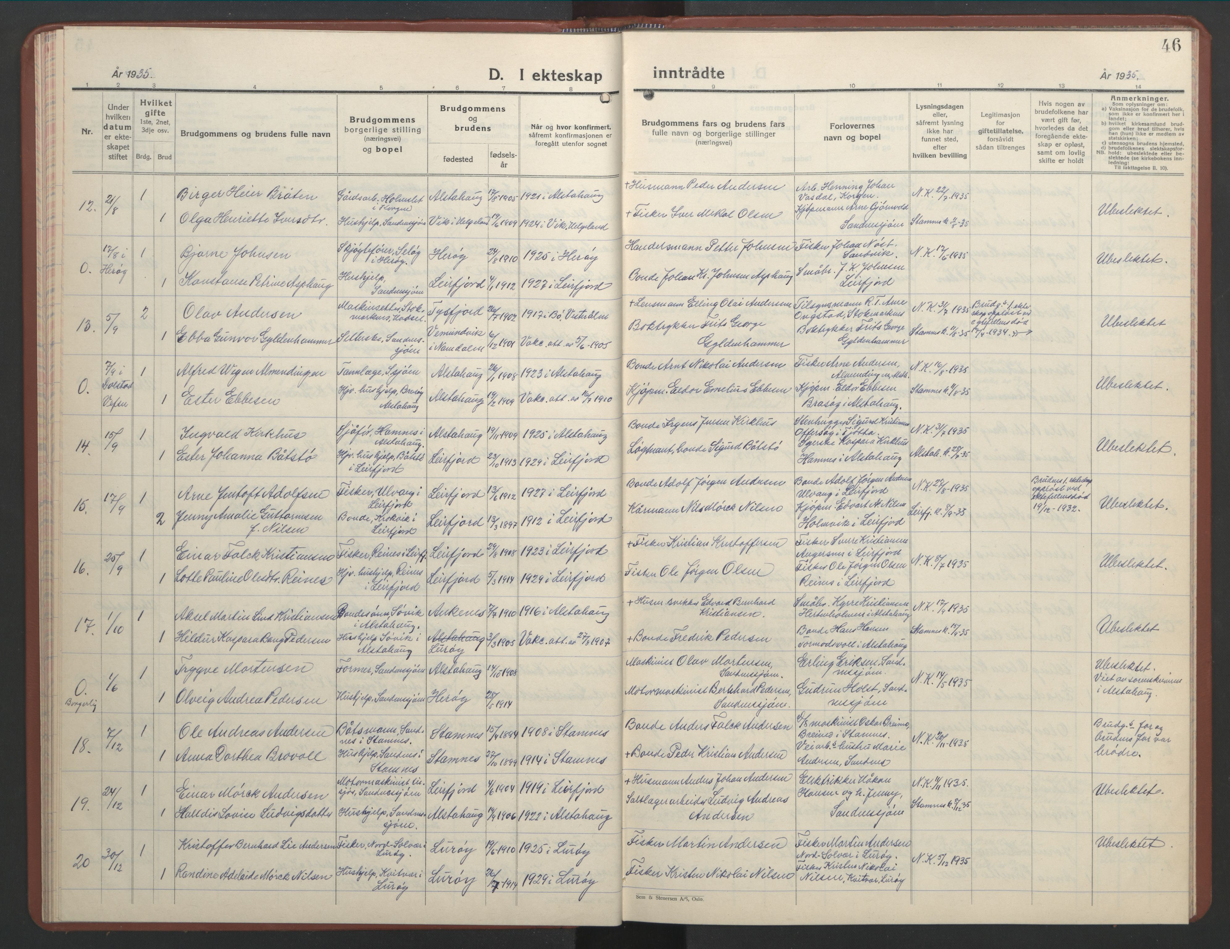 Ministerialprotokoller, klokkerbøker og fødselsregistre - Nordland, SAT/A-1459/831/L0481: Parish register (copy) no. 831C08, 1935-1948, p. 46