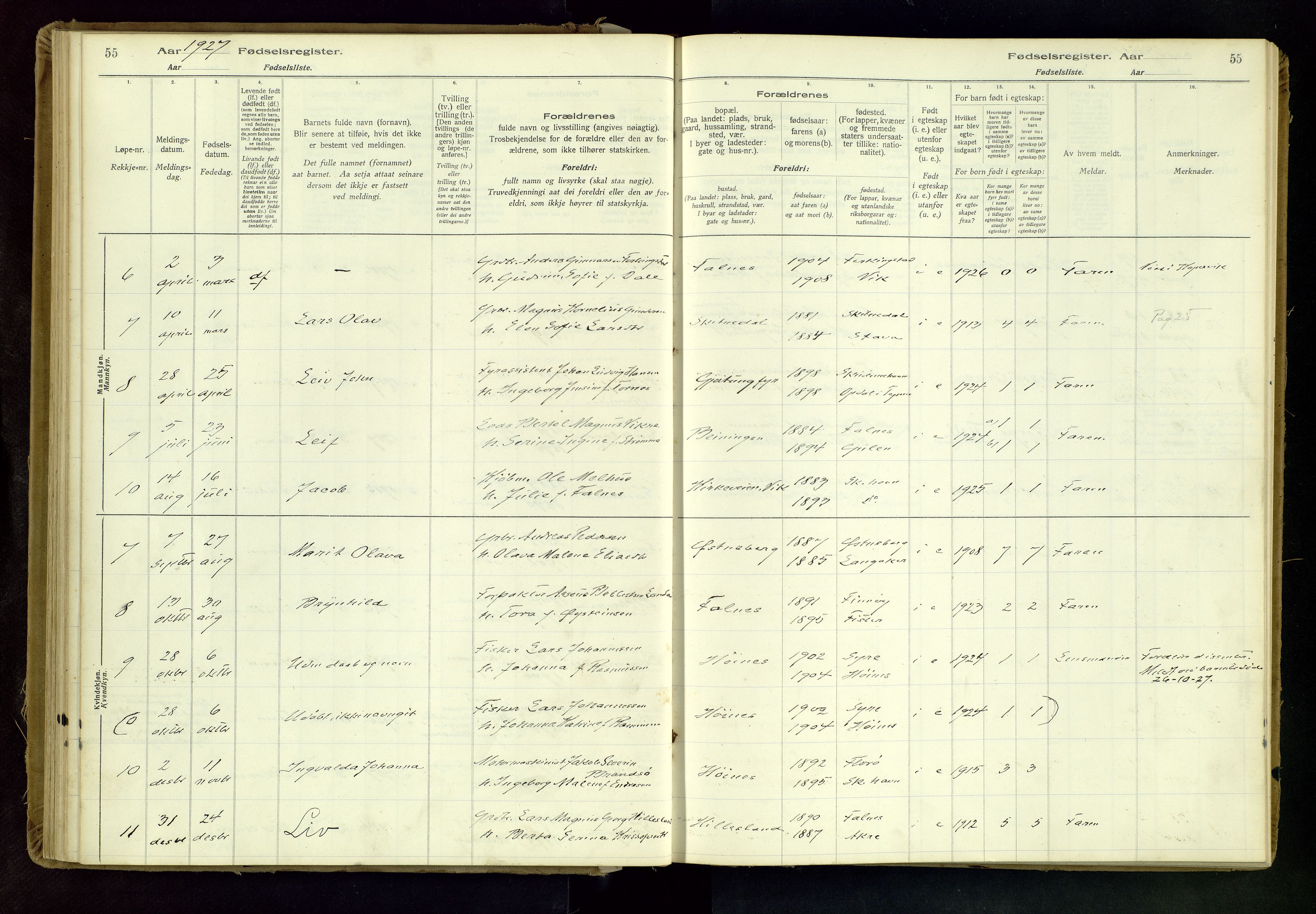 Skudenes sokneprestkontor, AV/SAST-A -101849/I/Id/L0001: Birth register no. 1, 1916-1964, p. 55