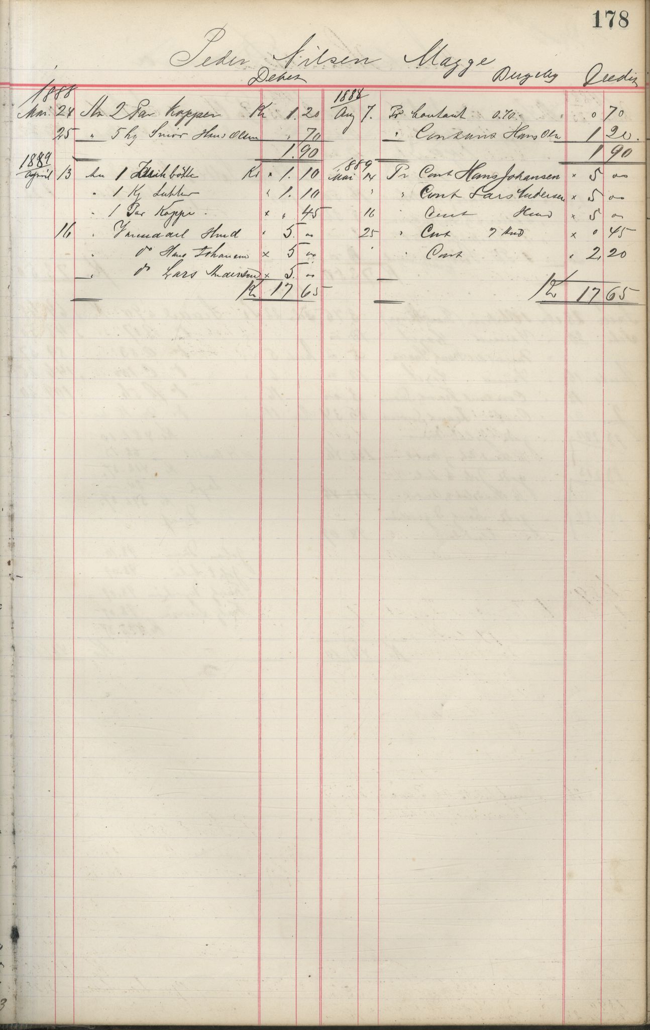Brodtkorb handel A/S, VAMU/A-0001/F/Fa/L0001/0002: Kompanibøker. Innensogns / Compagnibog for Indensogns Fiskere No 11, 1887-1889, p. 178