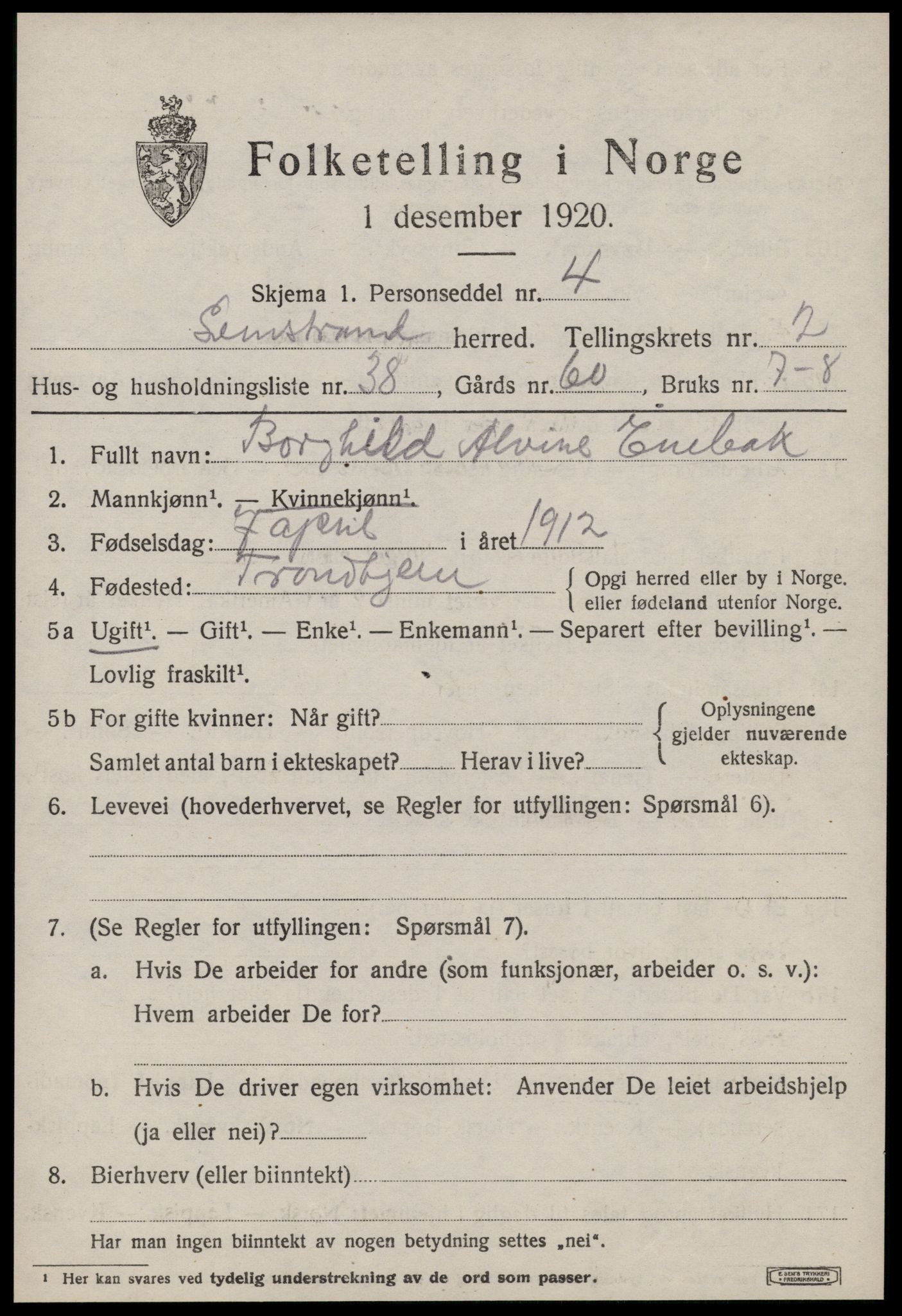 SAT, 1920 census for Leinstrand, 1920, p. 2049