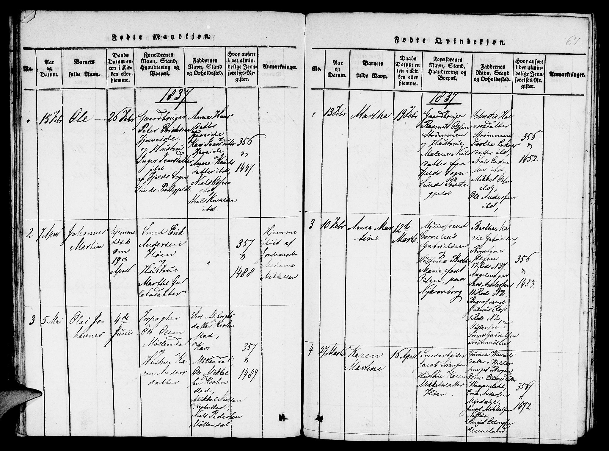 St. Jørgens hospital og Årstad sokneprestembete, AV/SAB-A-99934: Parish register (copy) no. A 1, 1816-1843, p. 67