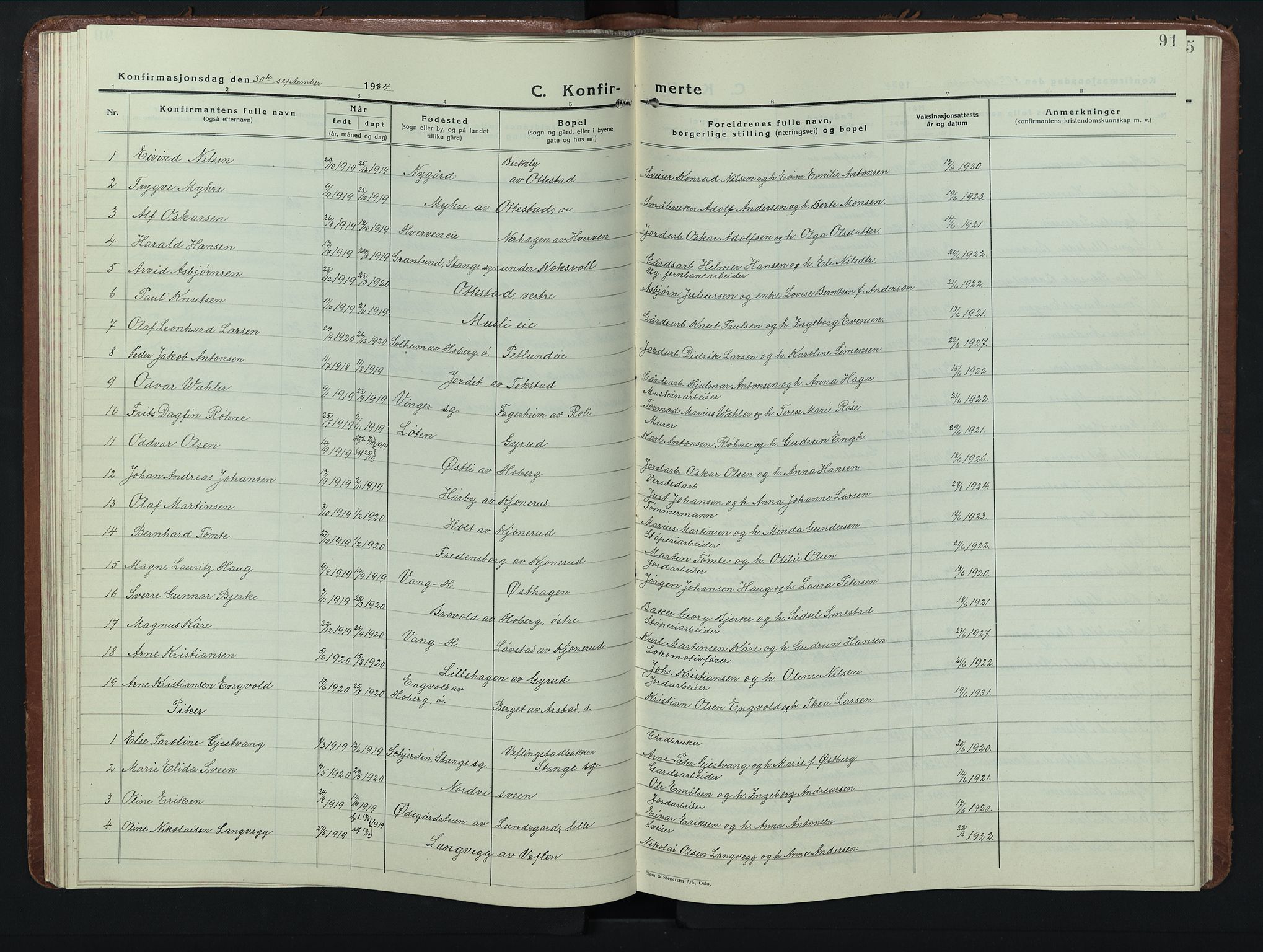 Stange prestekontor, SAH/PREST-002/L/L0019: Parish register (copy) no. 19, 1929-1947, p. 91