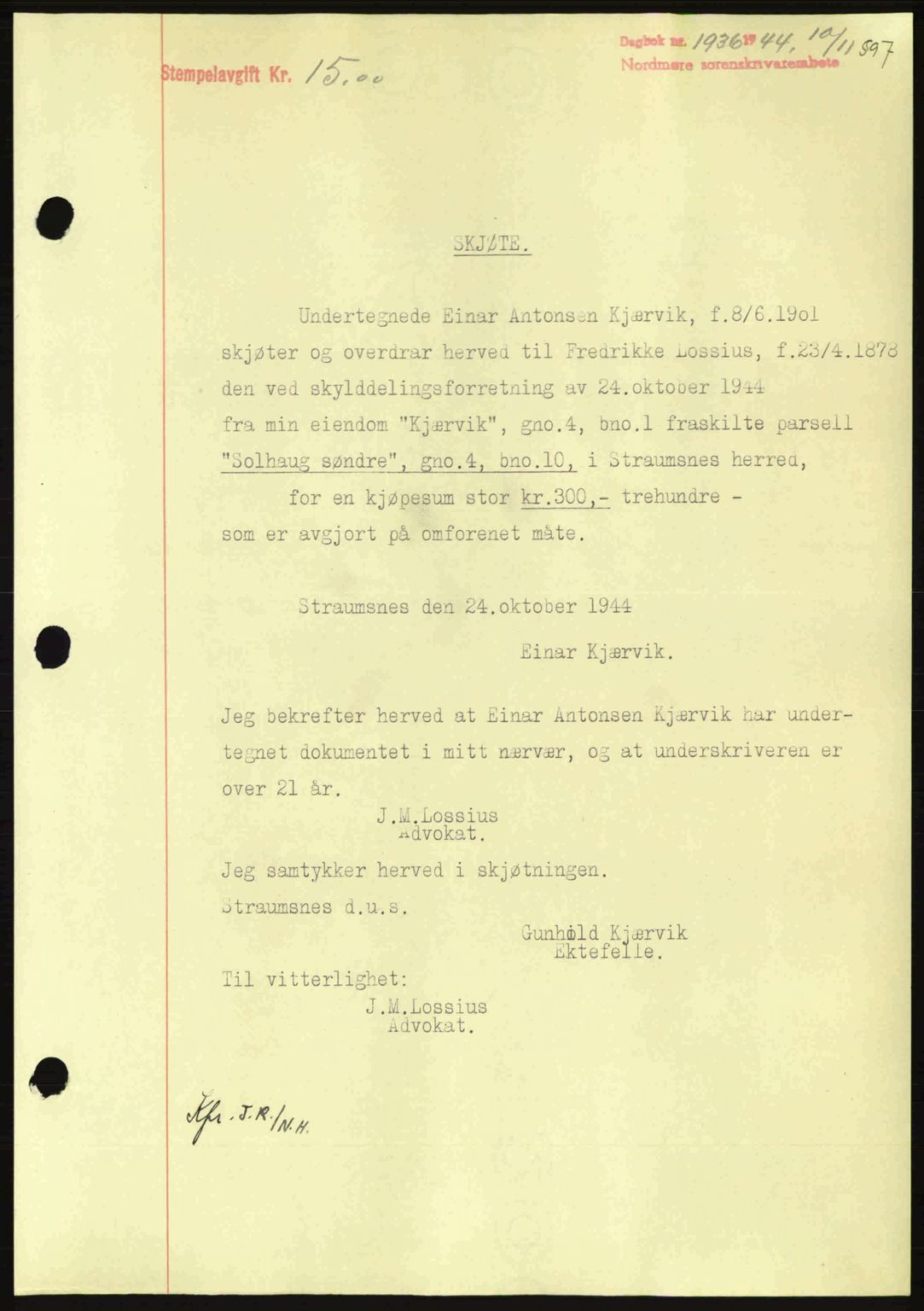 Nordmøre sorenskriveri, AV/SAT-A-4132/1/2/2Ca: Mortgage book no. A98, 1944-1944, Diary no: : 1936/1944