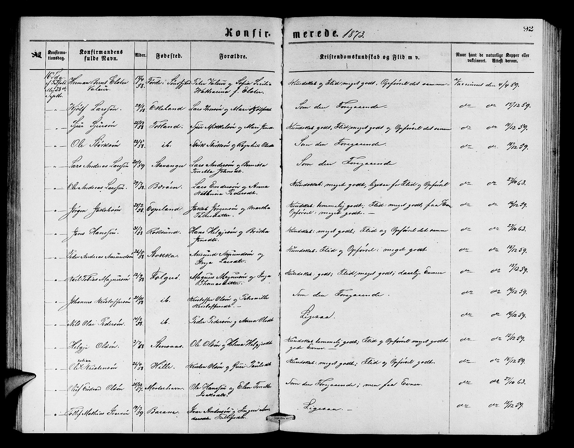 Finnås sokneprestembete, SAB/A-99925/H/Ha/Hab/Haba/L0002: Parish register (copy) no. A 2, 1873-1882, p. 92