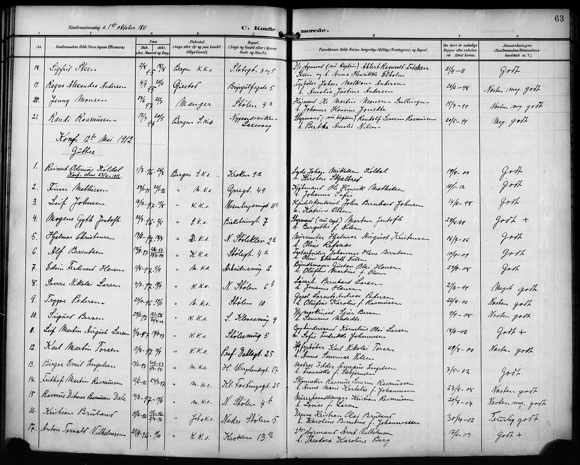 Mariakirken Sokneprestembete, SAB/A-76901/H/Hab/L0009: Parish register (copy) no. A 9, 1901-1919, p. 63