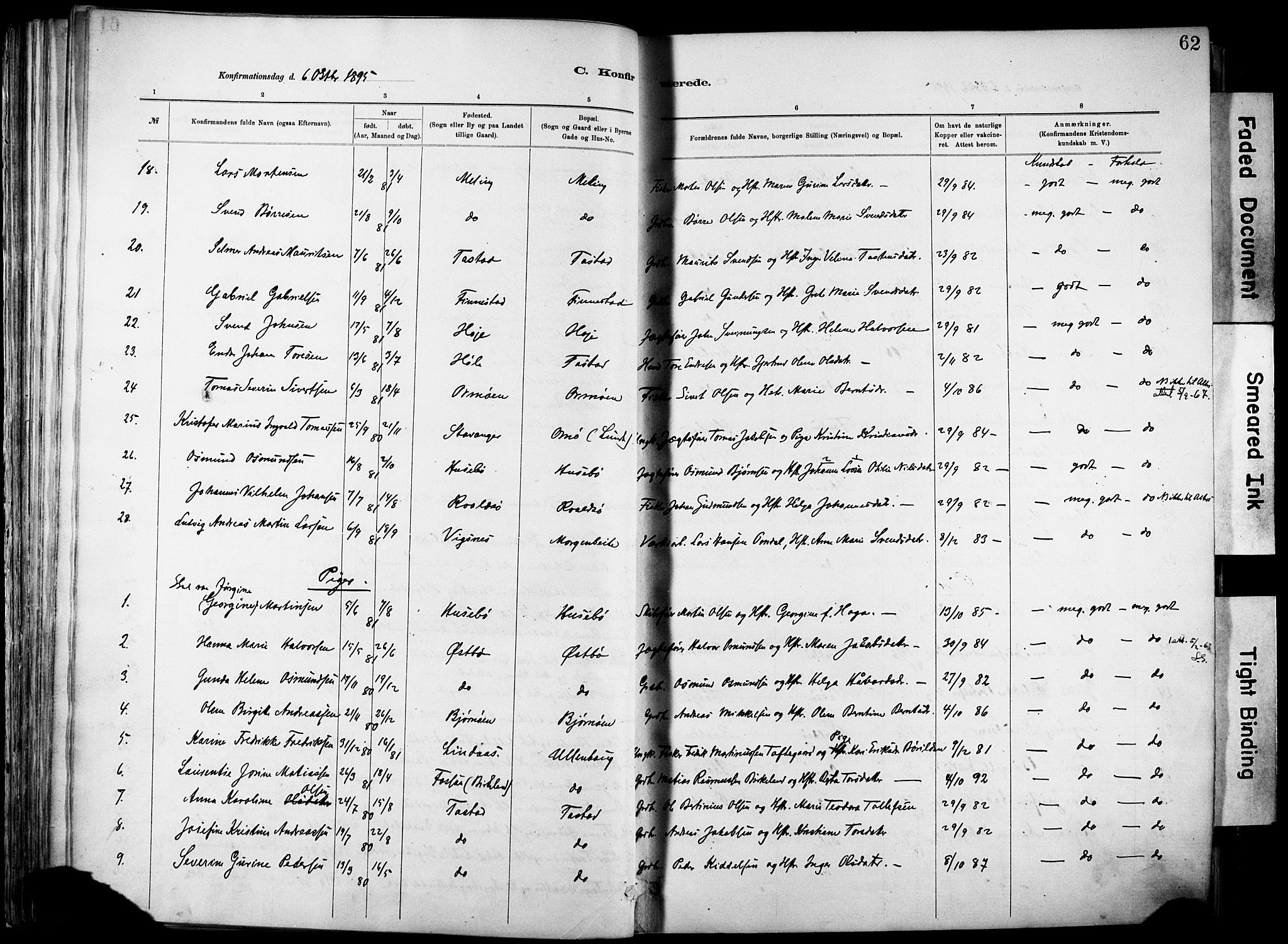 Hetland sokneprestkontor, SAST/A-101826/30/30BA/L0012: Parish register (official) no. A 12, 1882-1912, p. 62
