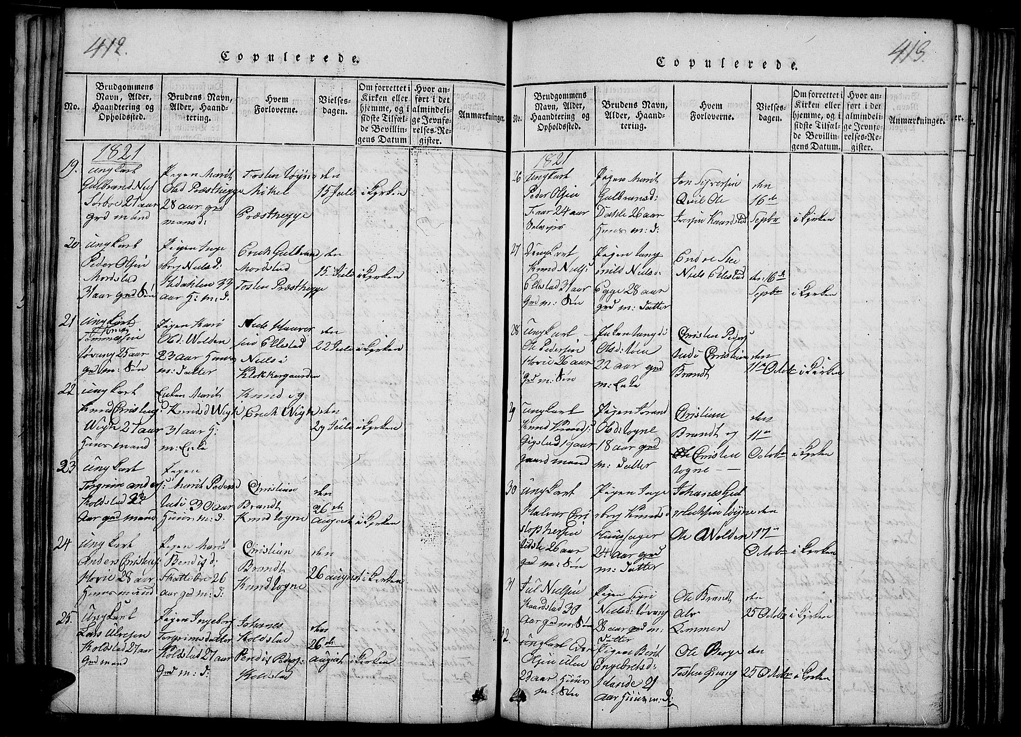 Slidre prestekontor, SAH/PREST-134/H/Ha/Haa/L0002: Parish register (official) no. 2, 1814-1830, p. 412-413