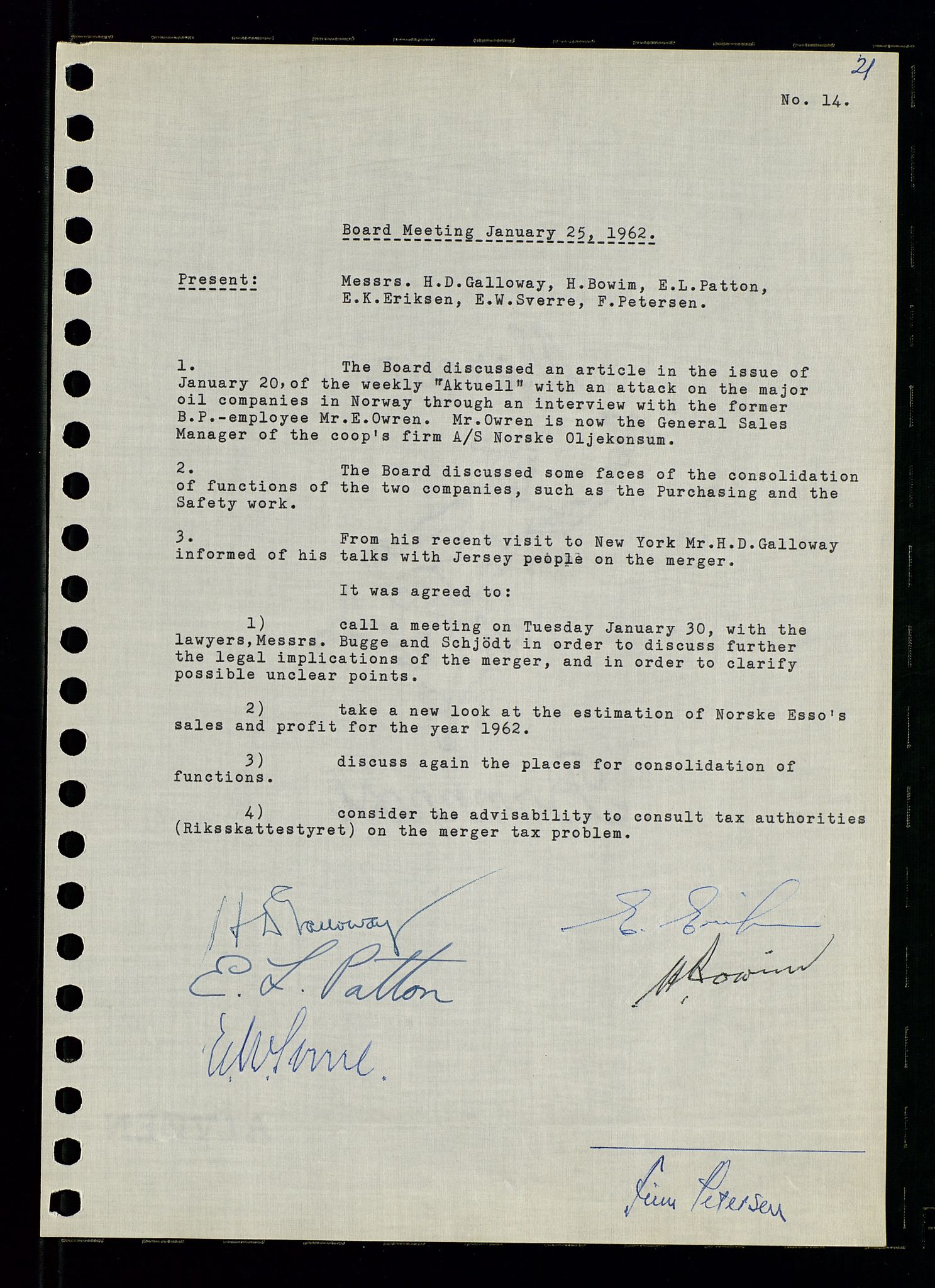 Pa 0982 - Esso Norge A/S, AV/SAST-A-100448/A/Aa/L0001/0003: Den administrerende direksjon Board minutes (styrereferater) / Den administrerende direksjon Board minutes (styrereferater), 1962, p. 21