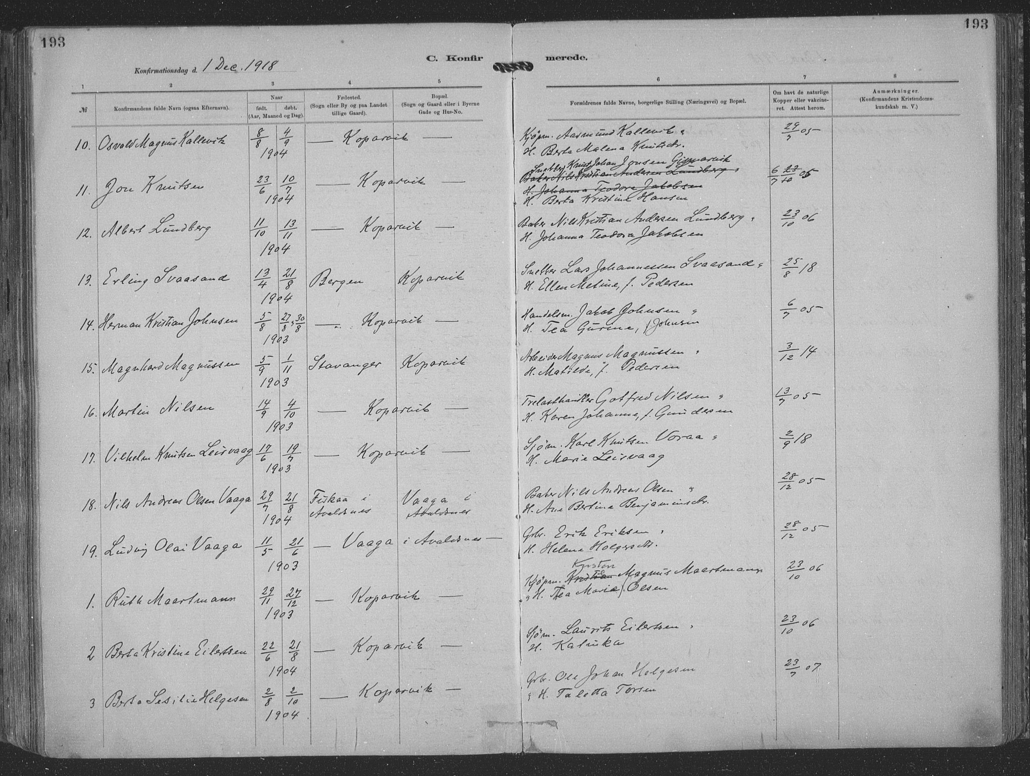 Kopervik sokneprestkontor, AV/SAST-A-101850/H/Ha/Haa/L0001: Parish register (official) no. A 1, 1880-1919, p. 193