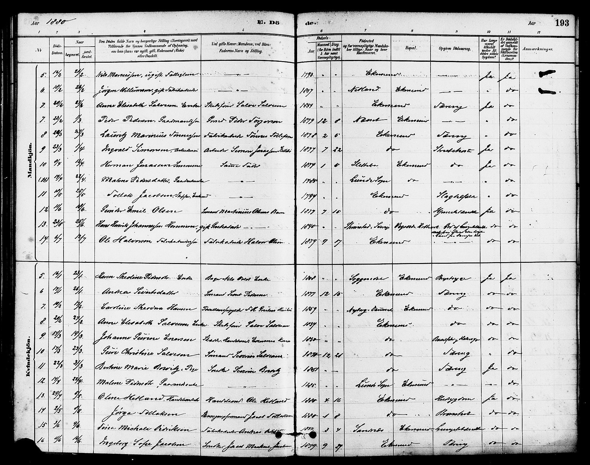 Eigersund sokneprestkontor, AV/SAST-A-101807/S08/L0015: Parish register (official) no. A 15, 1879-1892, p. 193