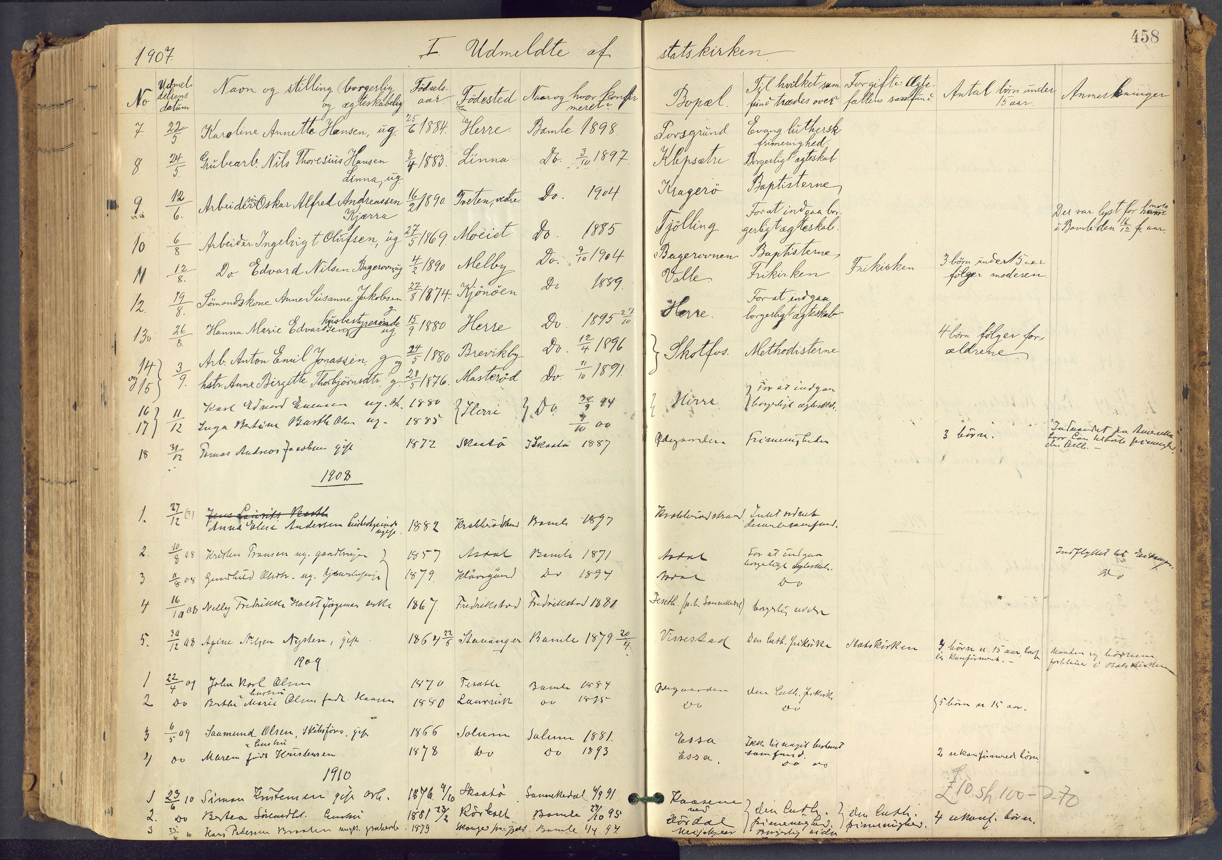 Bamble kirkebøker, SAKO/A-253/F/Fa/L0009: Parish register (official) no. I 9, 1901-1917, p. 458