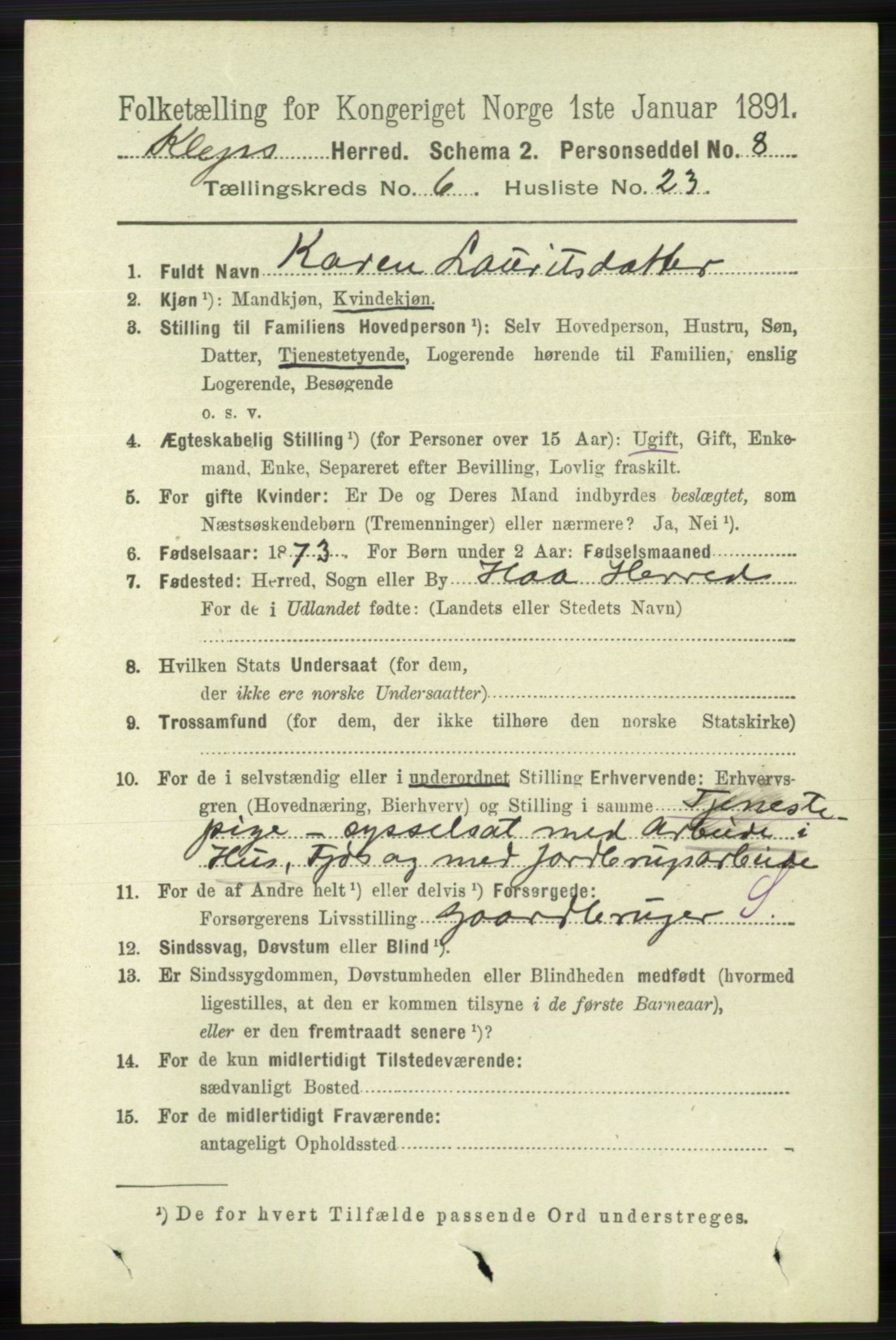 RA, 1891 census for 1120 Klepp, 1891, p. 1807