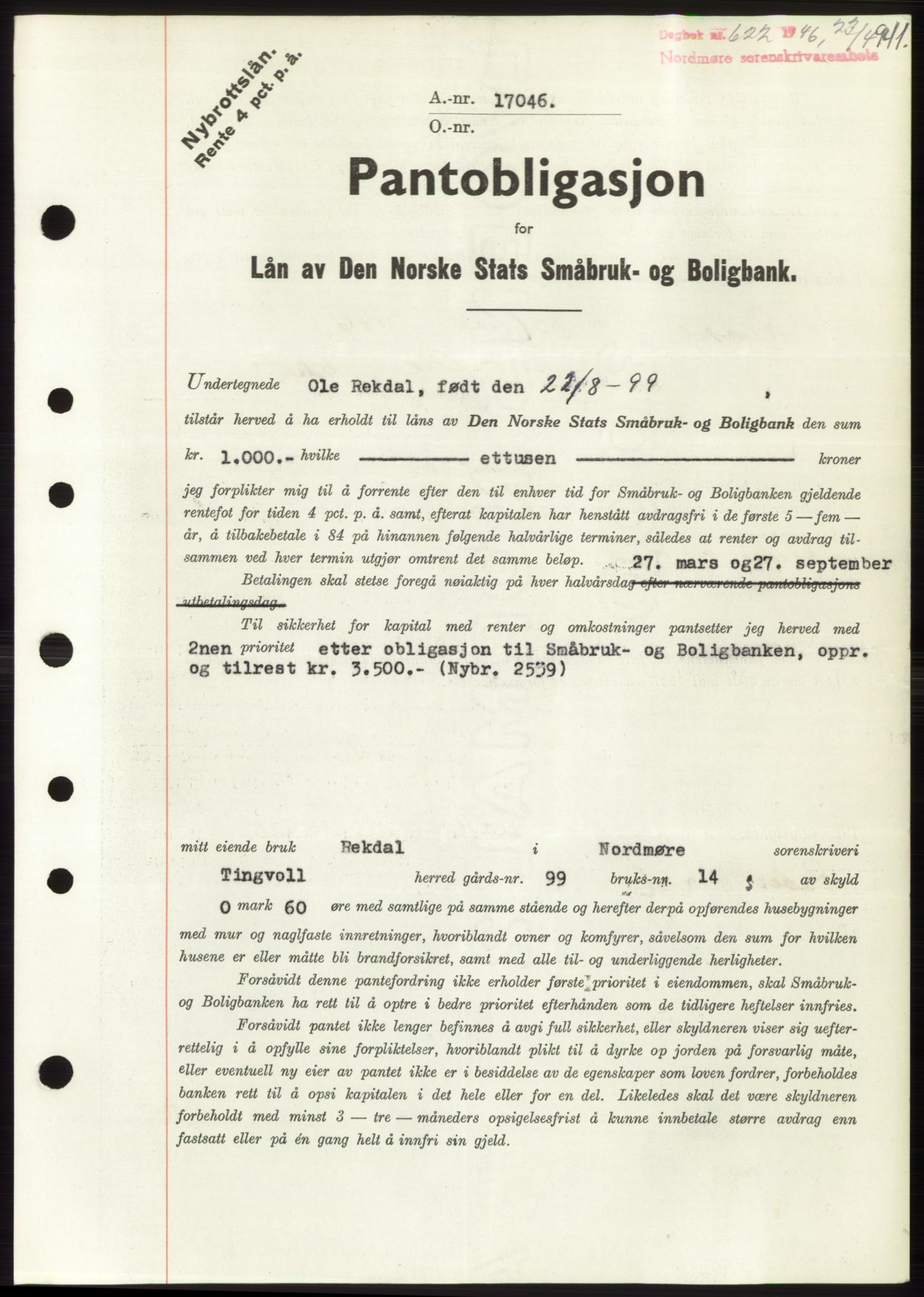 Nordmøre sorenskriveri, AV/SAT-A-4132/1/2/2Ca: Mortgage book no. B93b, 1946-1946, Diary no: : 622/1946