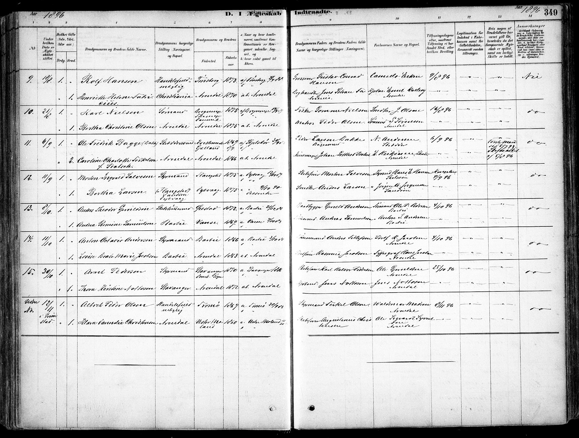 Arendal sokneprestkontor, Trefoldighet, SAK/1111-0040/F/Fa/L0008: Parish register (official) no. A 8, 1878-1899, p. 349