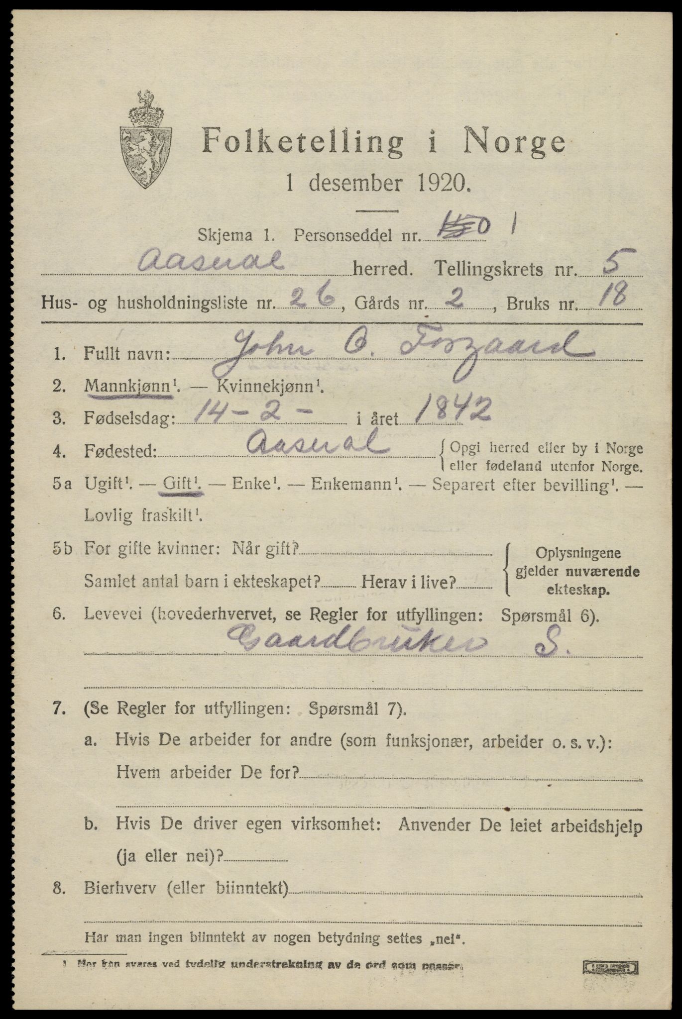 SAK, 1920 census for Åseral, 1920, p. 1762