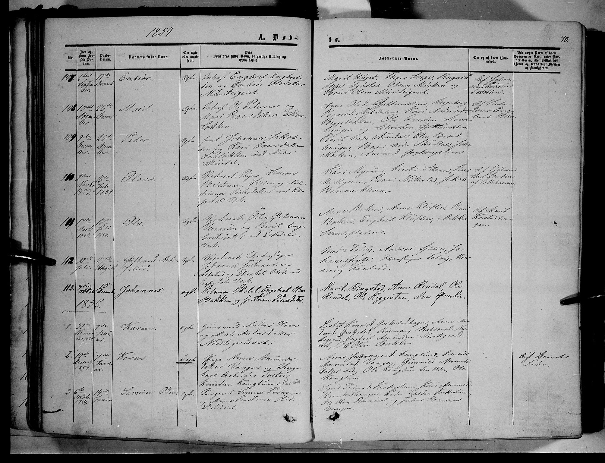 Sør-Fron prestekontor, SAH/PREST-010/H/Ha/Haa/L0001: Parish register (official) no. 1, 1849-1863, p. 70