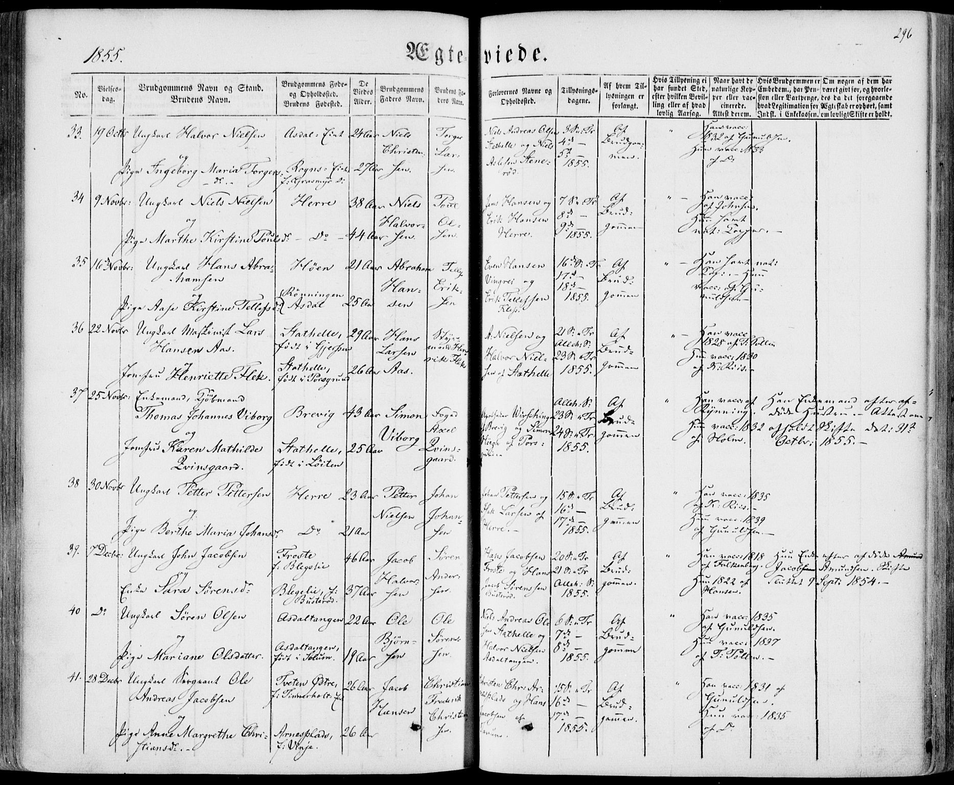 Bamble kirkebøker, SAKO/A-253/F/Fa/L0005: Parish register (official) no. I 5, 1854-1869, p. 296