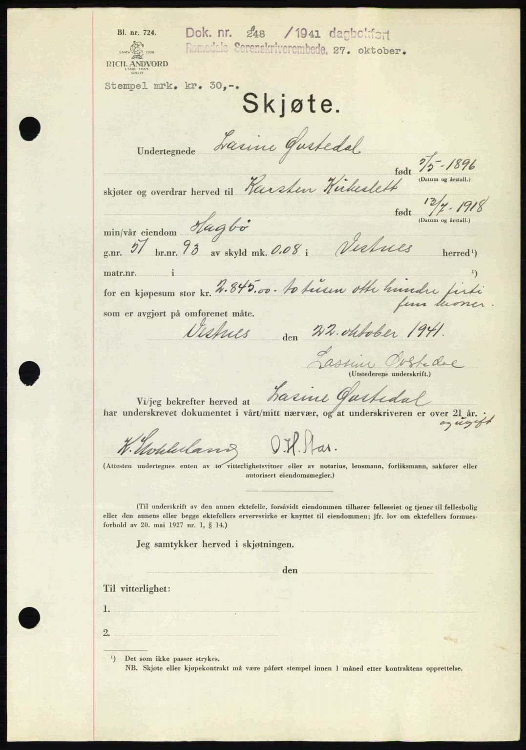 Romsdal sorenskriveri, AV/SAT-A-4149/1/2/2C: Mortgage book no. A11, 1941-1942, Diary no: : 2048/1941