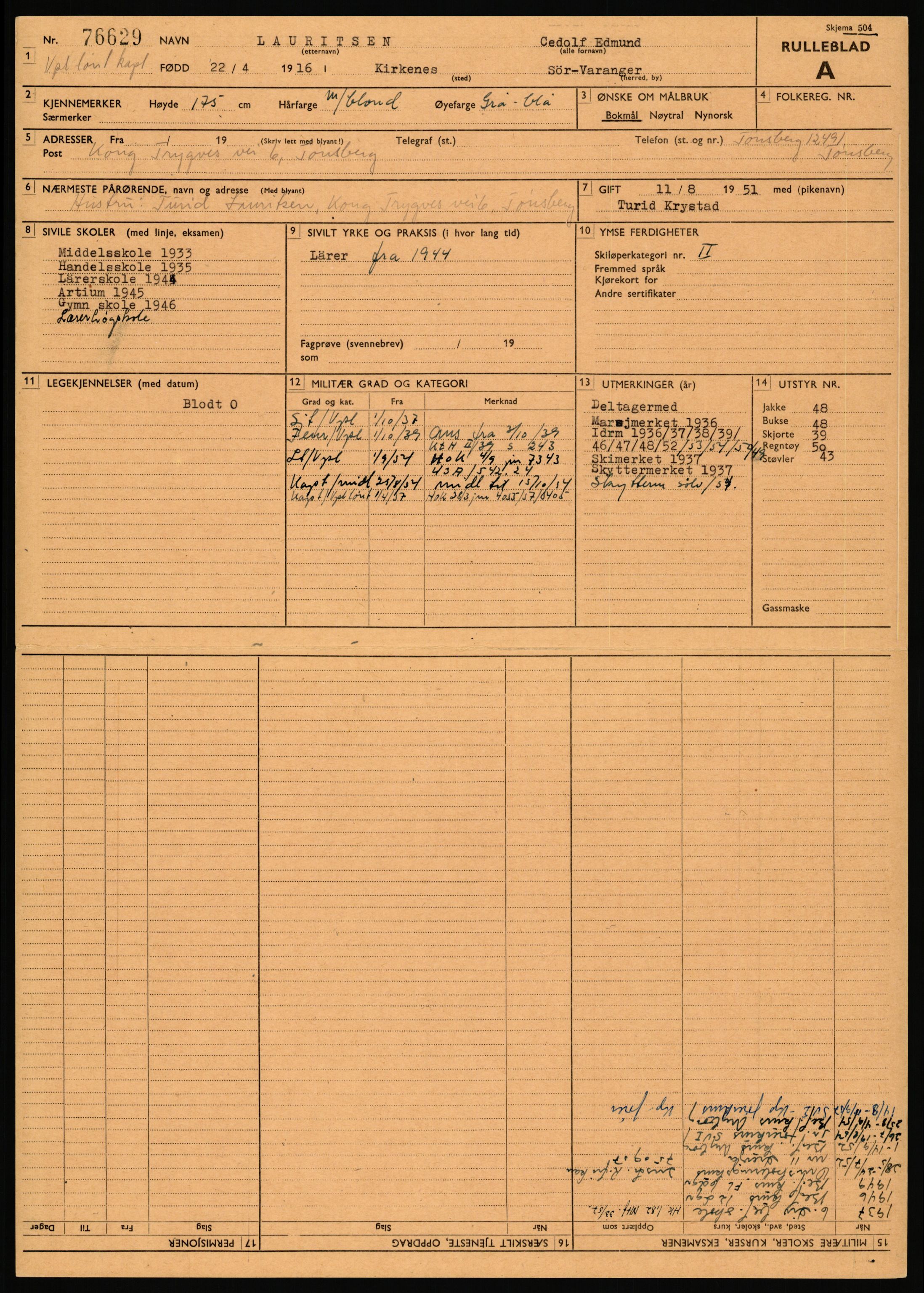 Forsvaret, Varanger bataljon, AV/RA-RAFA-2258/1/D/L0456: Rulleblad og tjenesteuttalelser for befal født 1916-1919 og 1921-1923, 1916-1923, p. 71