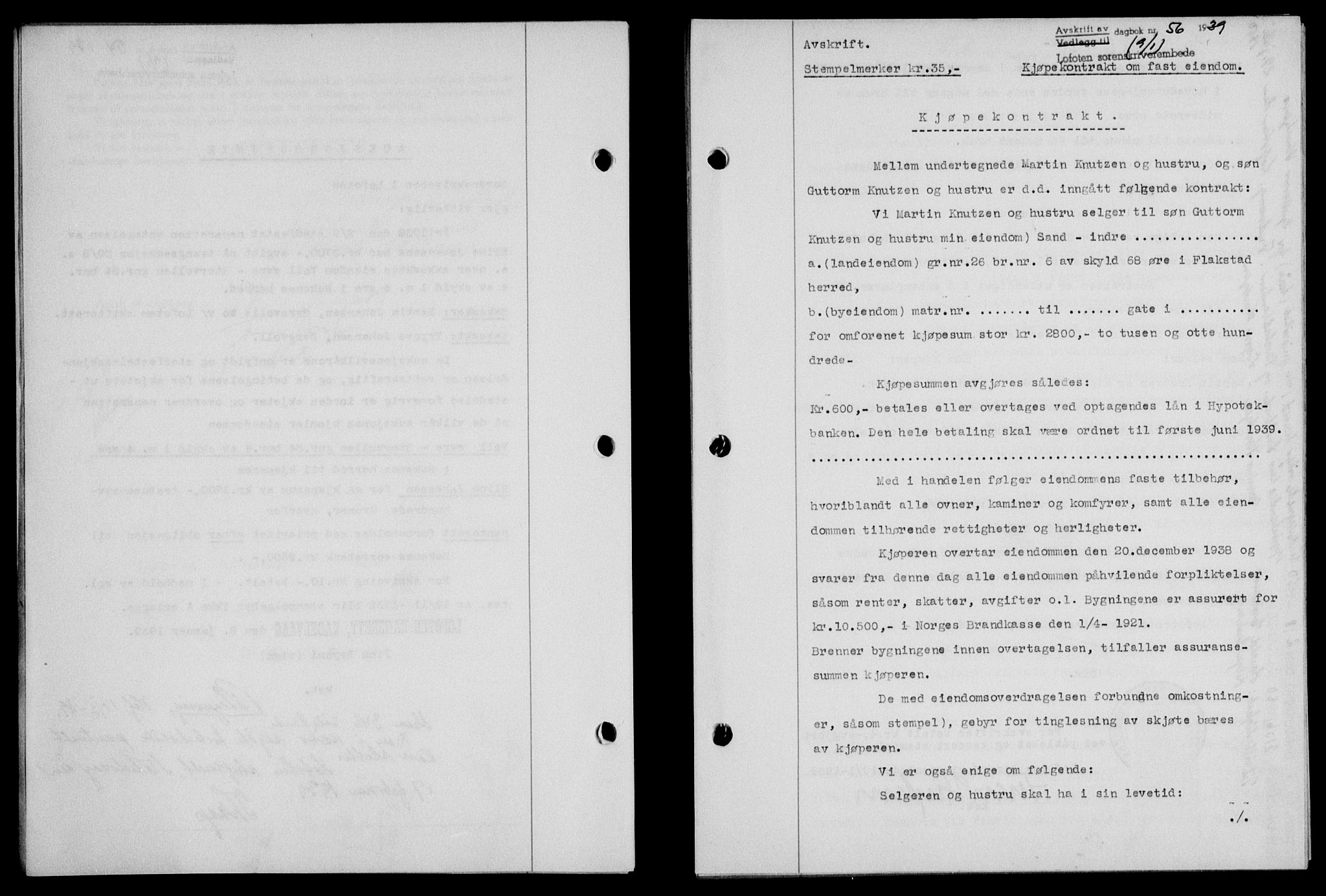 Lofoten sorenskriveri, SAT/A-0017/1/2/2C/L0005a: Mortgage book no. 5a, 1939-1939, Diary no: : 56/1939