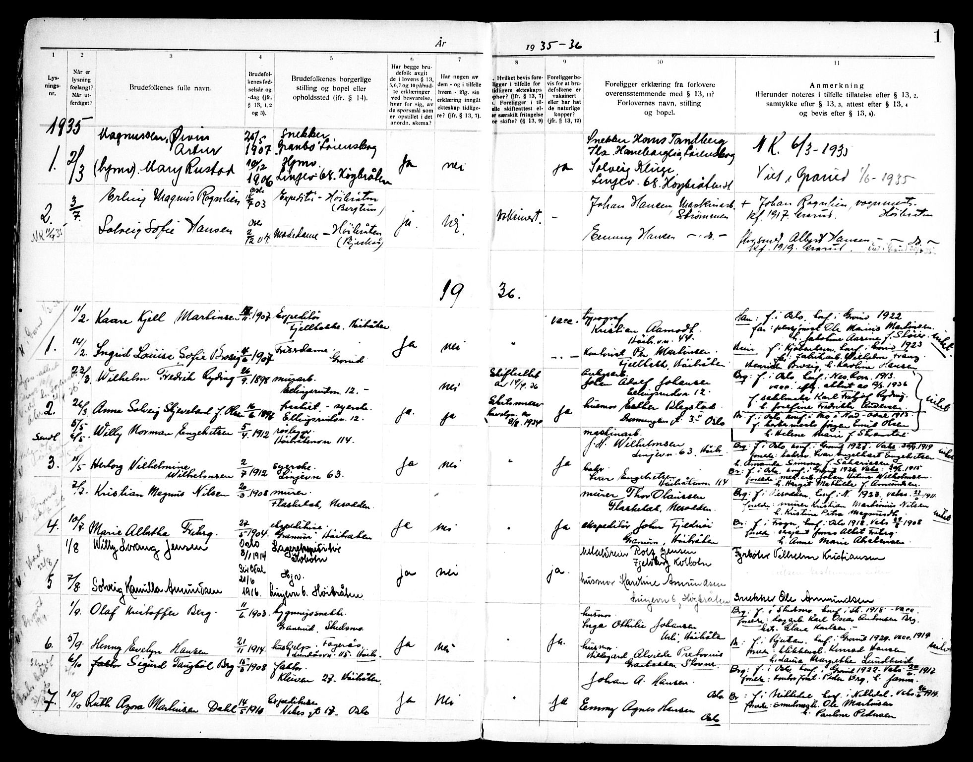 Østre Aker prestekontor Kirkebøker, AV/SAO-A-10840/H/Hc/L0001: Banns register no. III 1, 1935-1969, p. 1