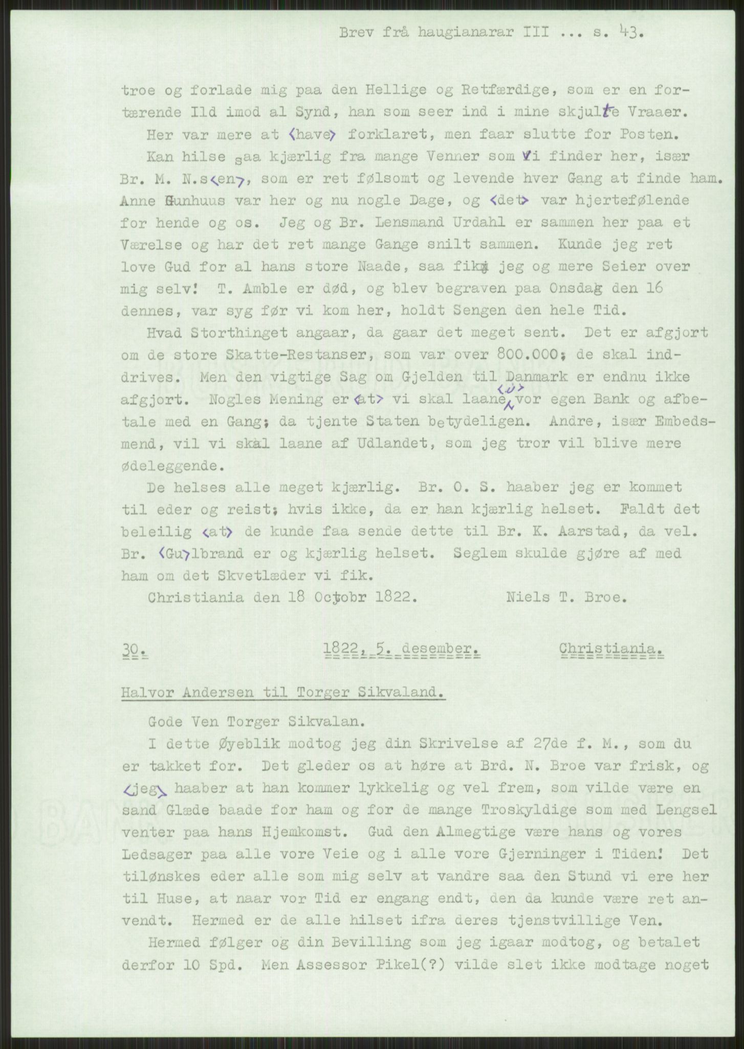 Samlinger til kildeutgivelse, Haugianerbrev, RA/EA-6834/F/L0003: Haugianerbrev III: 1822-1826, 1822-1826, p. 43